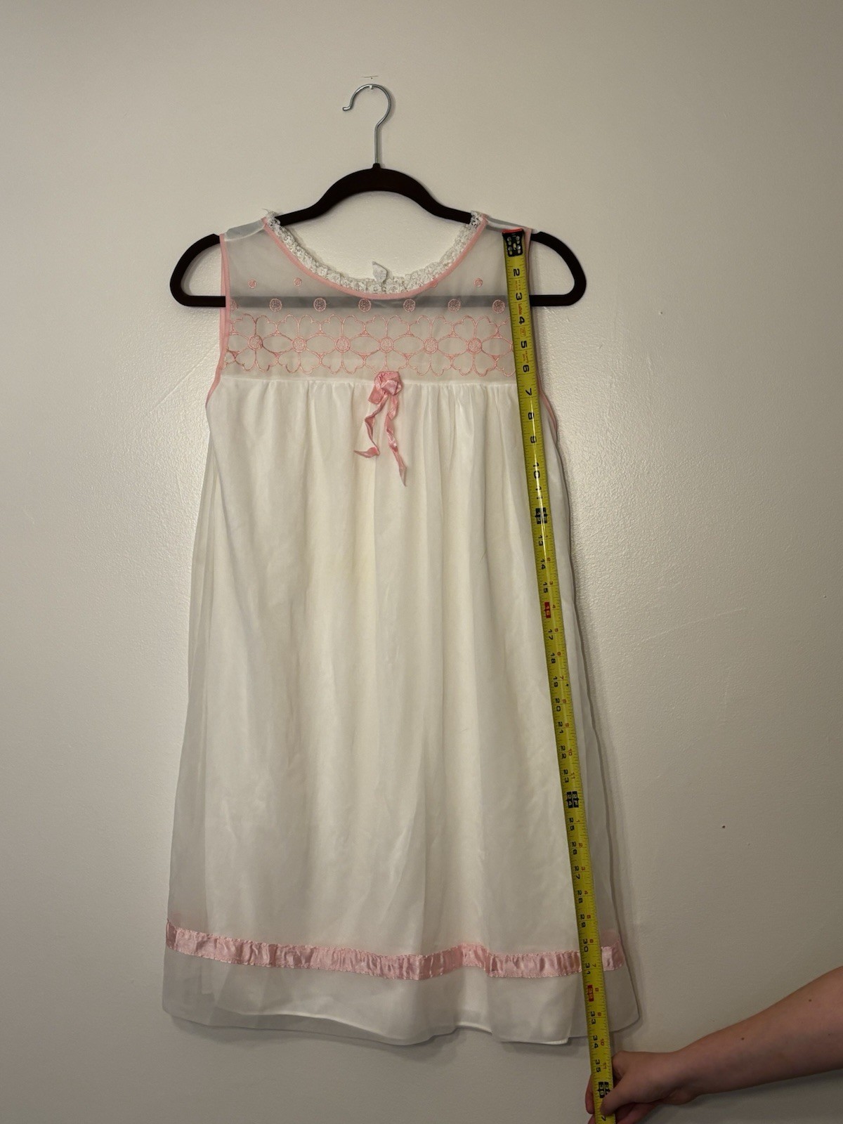 Vintage Mid Century Durelle White Chiffon Babydoll Nightie With Pink Ribbon M