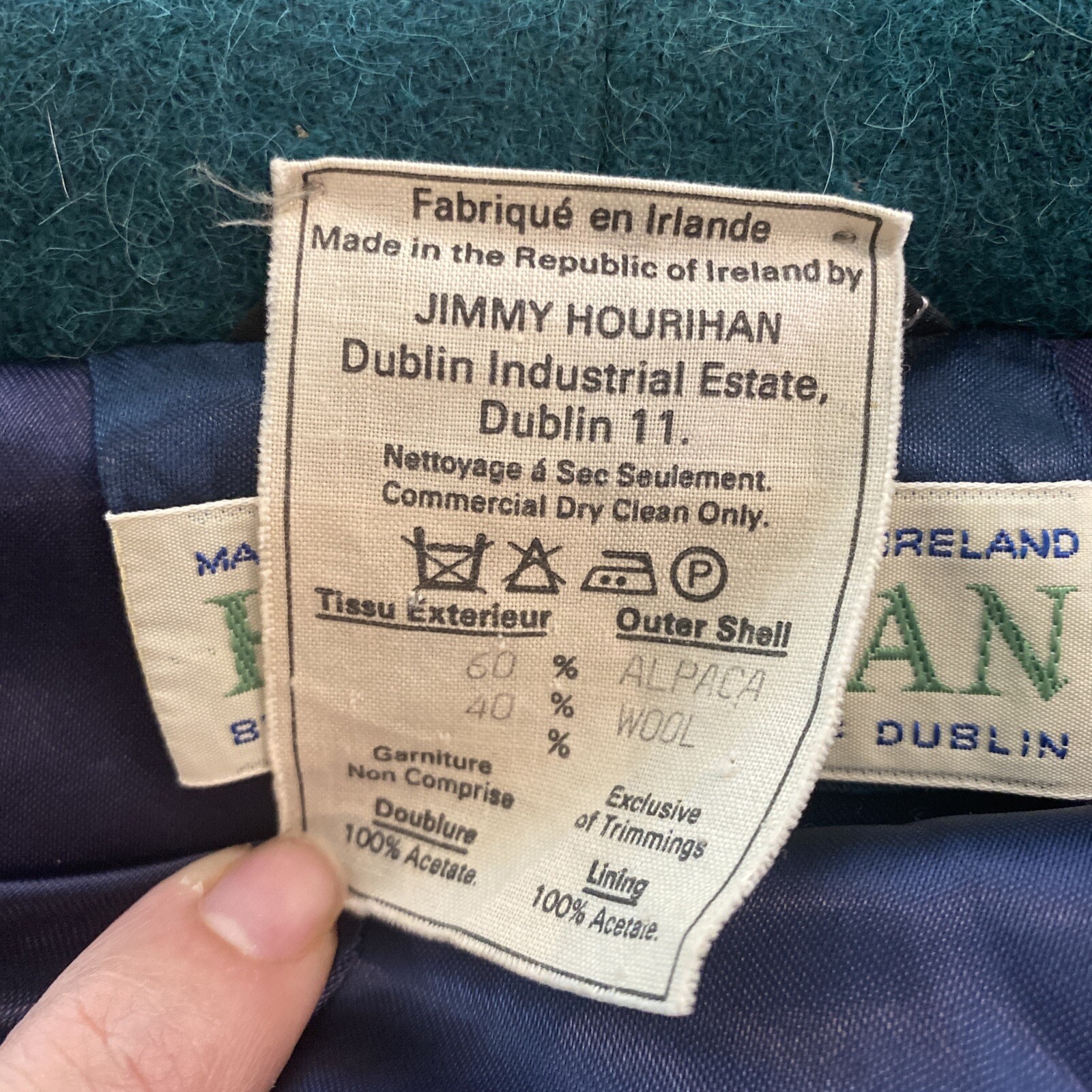 Vintage Jimmy Hourihan of Dublin Ireland Wool Alpaca Jacket Coat MIDI Blue Green