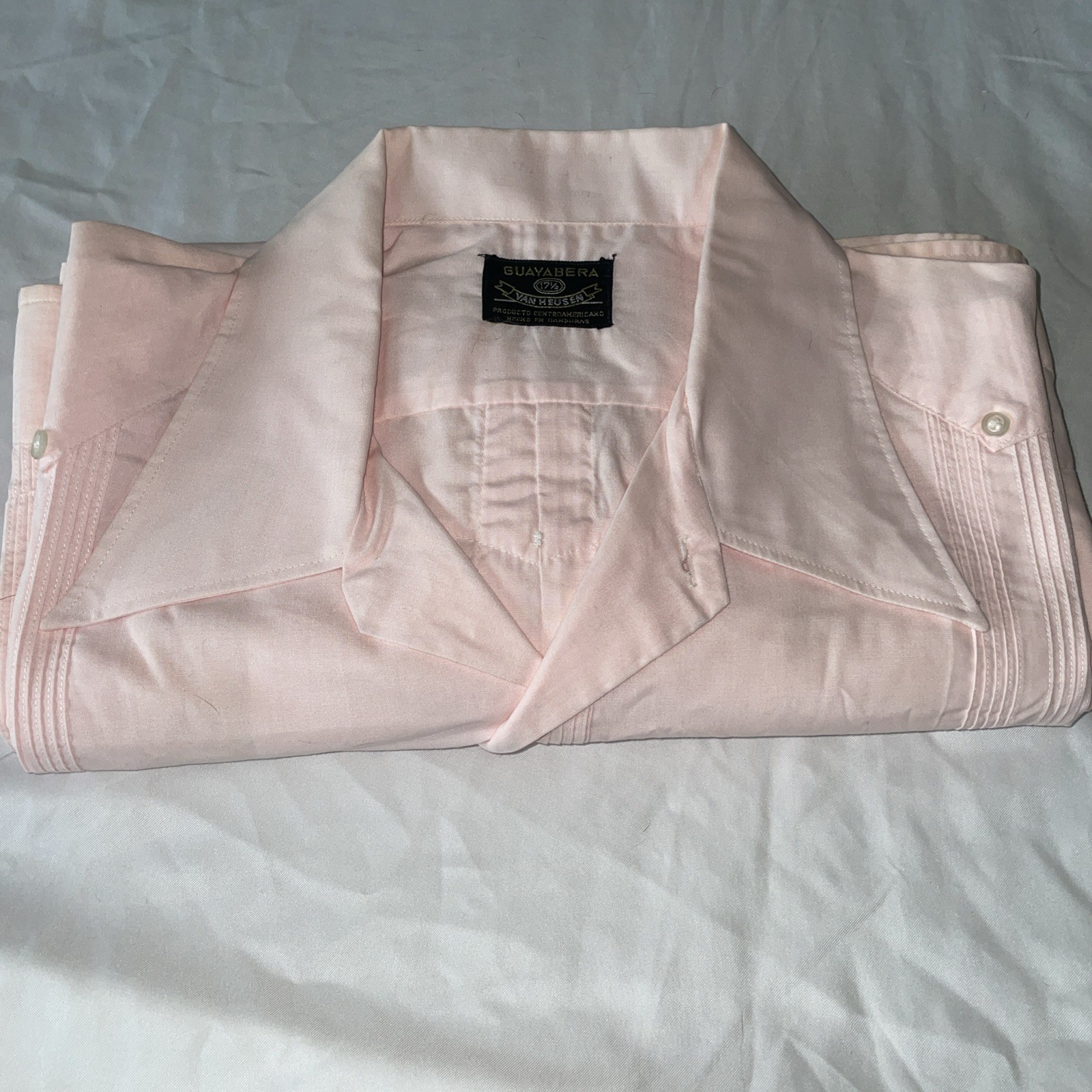 Vtg ’80s Van Heusen Pink Guayabera Embroidered Cuban Button Shirt Sz 17 1/5