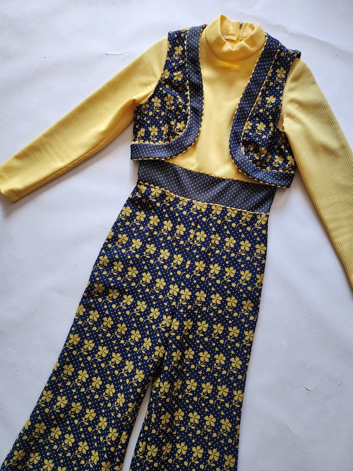 Vintage 70s Floral Jumpsuit Set Yellow Blue Wide Leg Outfit Women’s