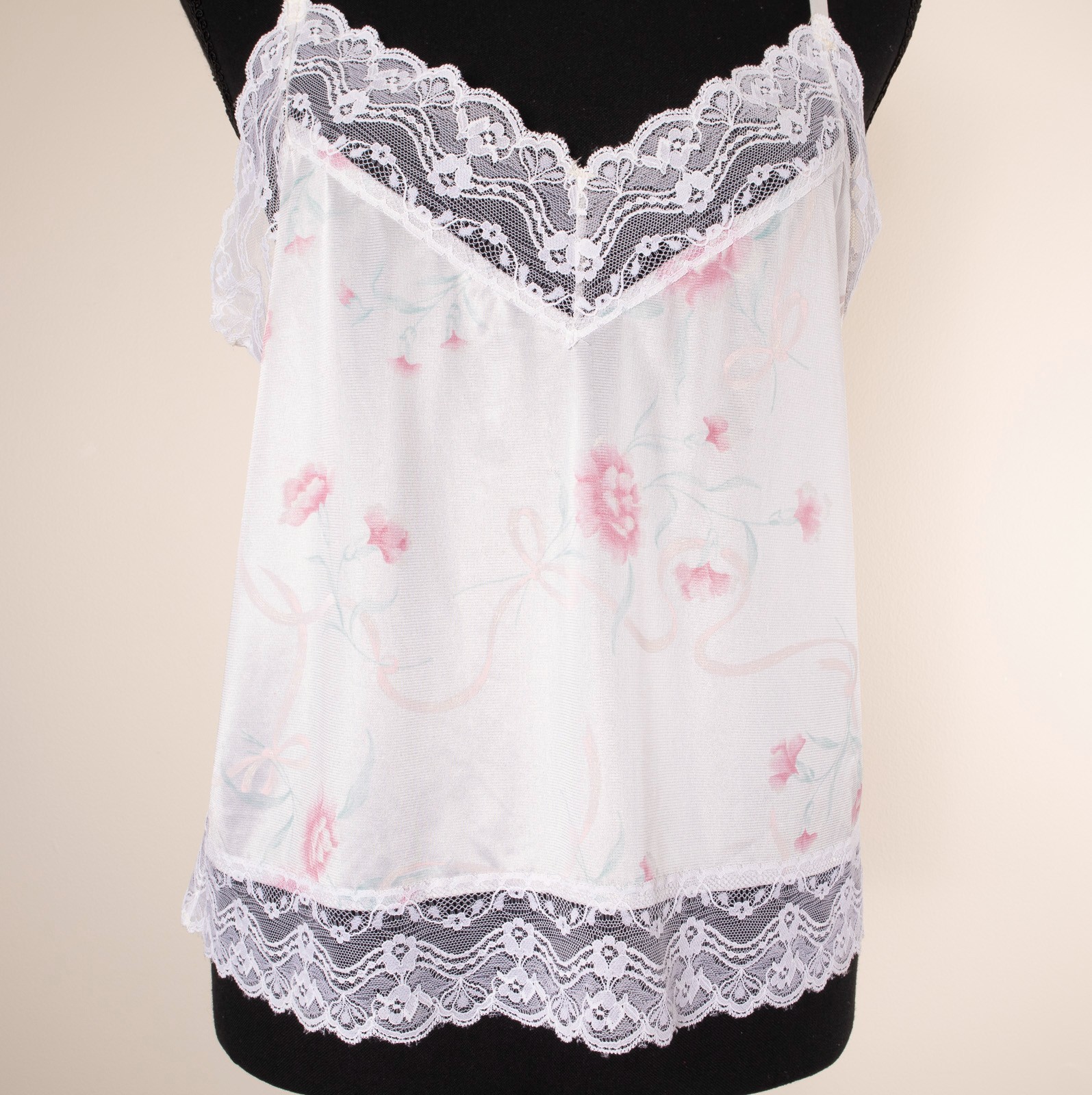 VTG BESTFORM Cami Tank Top Floral White Slip M Adjust Strap Nylon Lace 38 NWOT