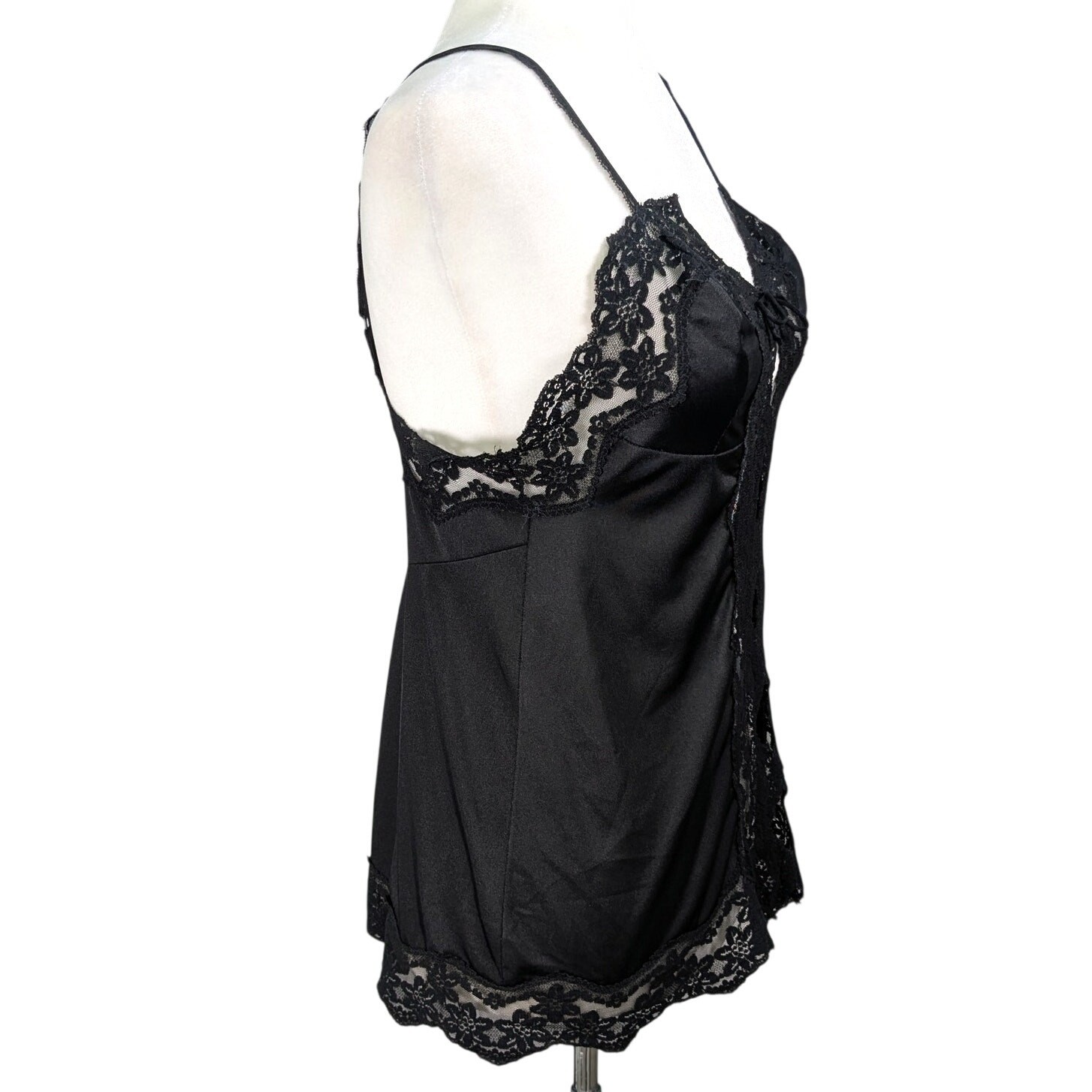 Vintage 70s Glydons Hollywood Nylon Black Floral Lace Keyhole Slip Cami Medium
