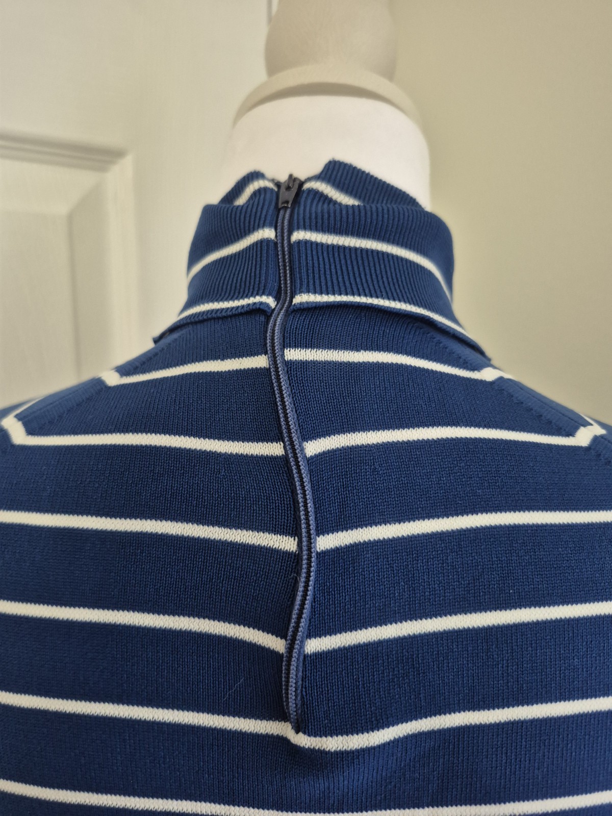 Vintage 70s Style Blue White Striped Ribbed Turtleneck Back Zip Women -Small