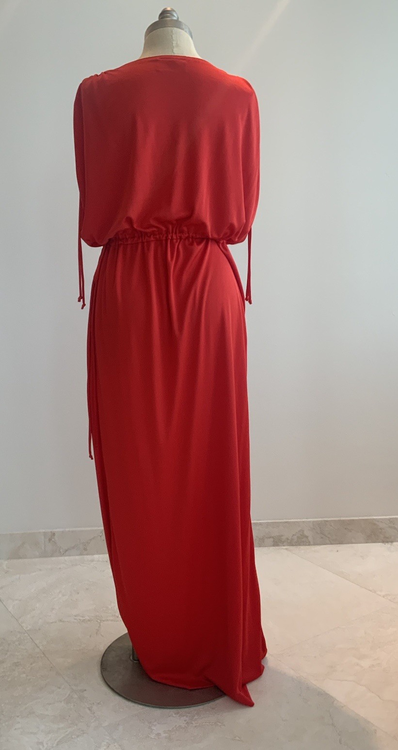 Vtg 70s Red Slinky Jersey Maxi Dress Womens Tere Tereba 4 Malibu Media Sz Sm/Med