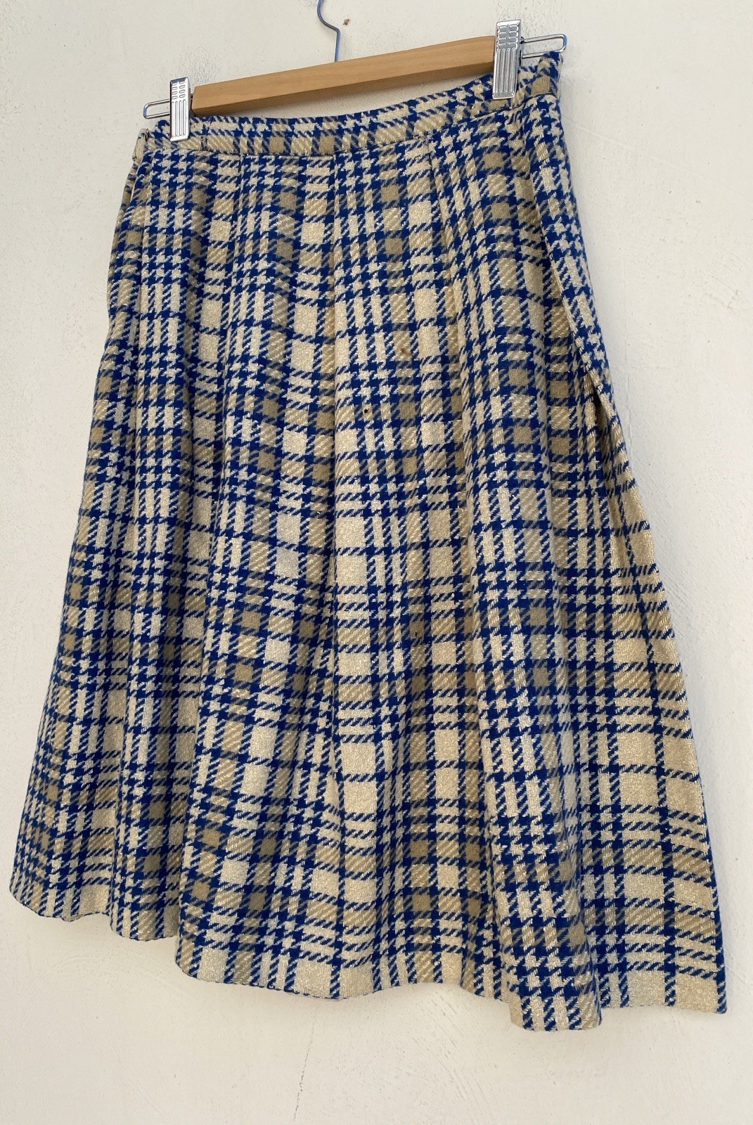 Vintage Handmade 50s S 100% Wool Pleated Full Skirt Blue Ivory Plaid