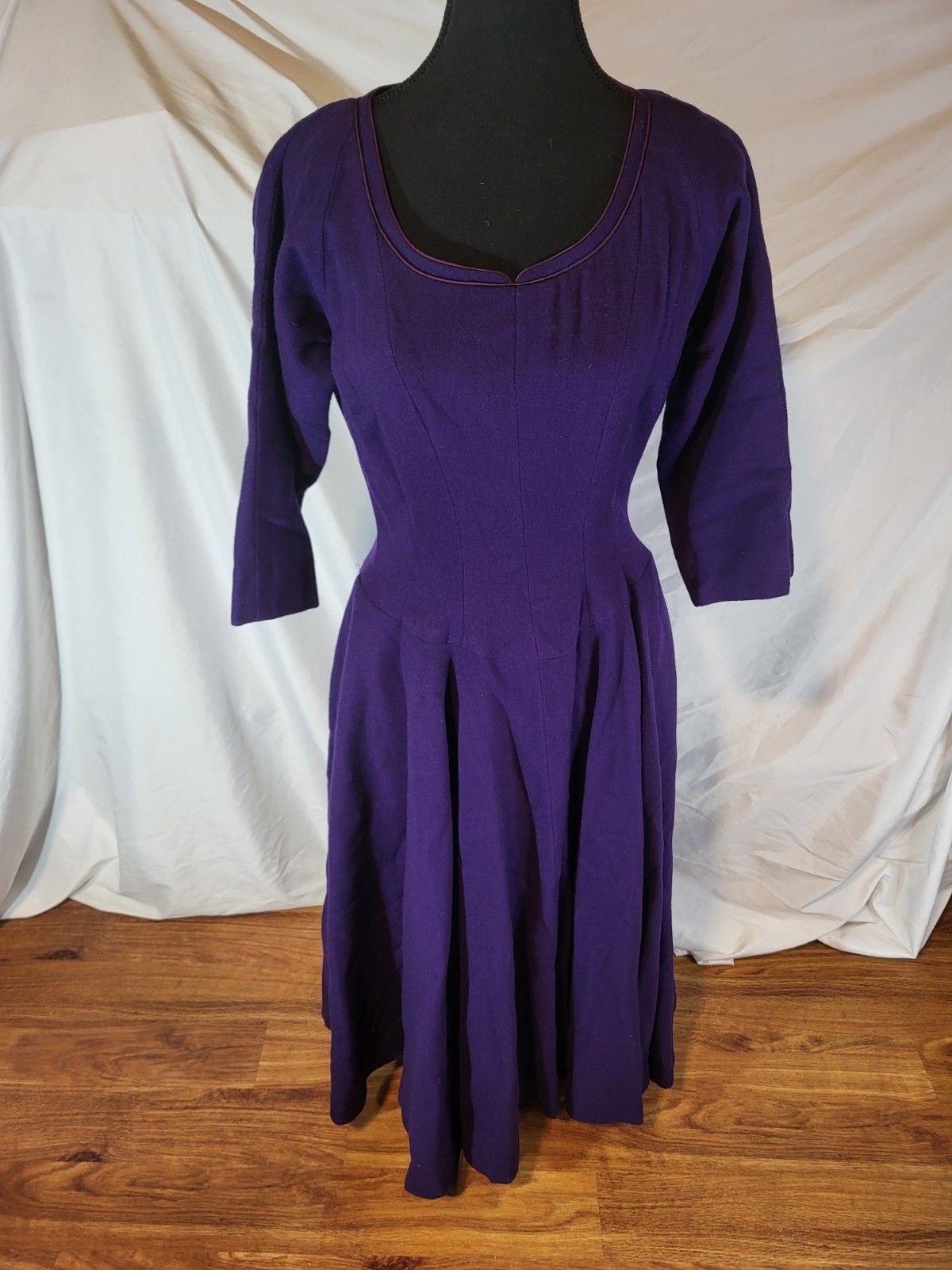 Vintage Circle Skirt Dress 1950s Homemade Rockabilly Wool Purple Swing Size 8