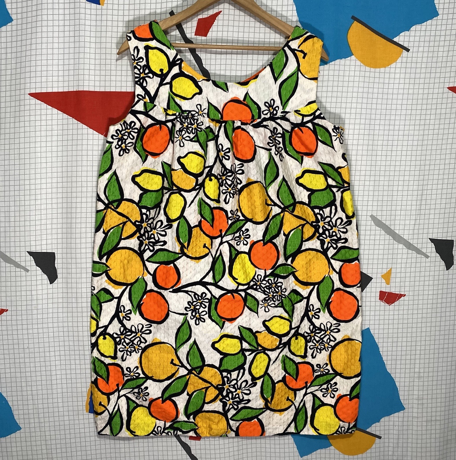 Vintage 60s Fruit Shift Dress Hawaii Mod Gogo Large Cotton Novelty Lemon Orange