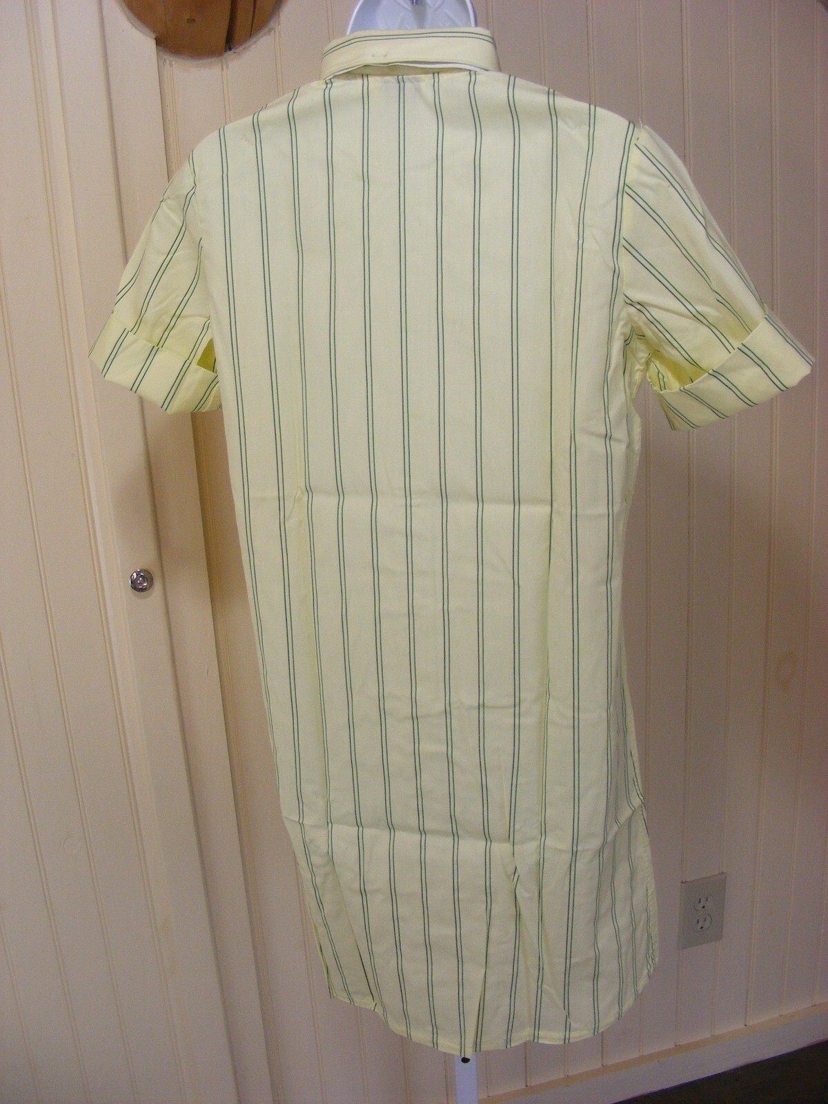 60s SHIRT DRESS BUTTON UP RAYON COTTON DEADSTOCK LEMON YELLOW GREEN STRIPE M