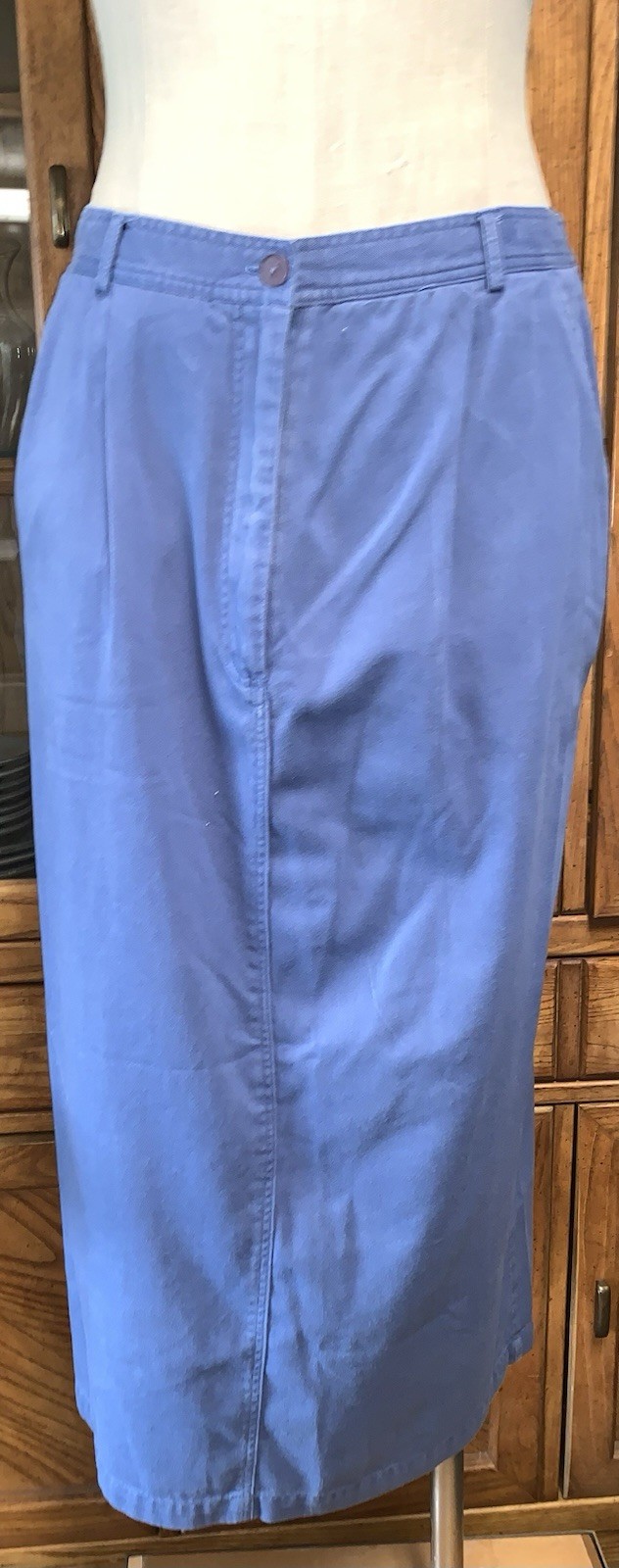 A1 80s SMALL CAPACITY MAXI COTTON BLUE SKIRT FRONT BUTTON STRETCH COTTAGE CORE
