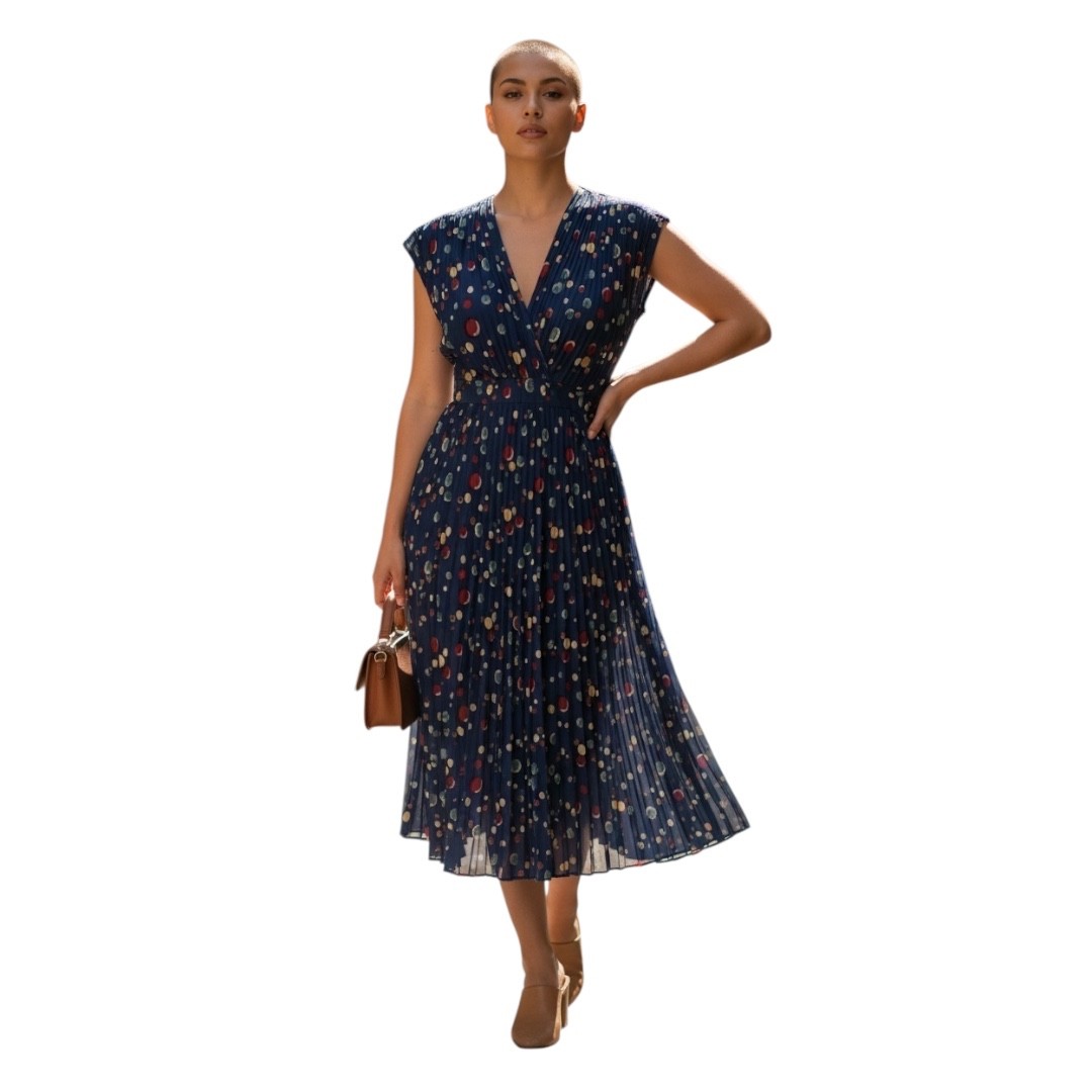 Vintage Jonathan Logan 1975s Paint Dot Print Crepe Blue MultiColor V Neck Dress