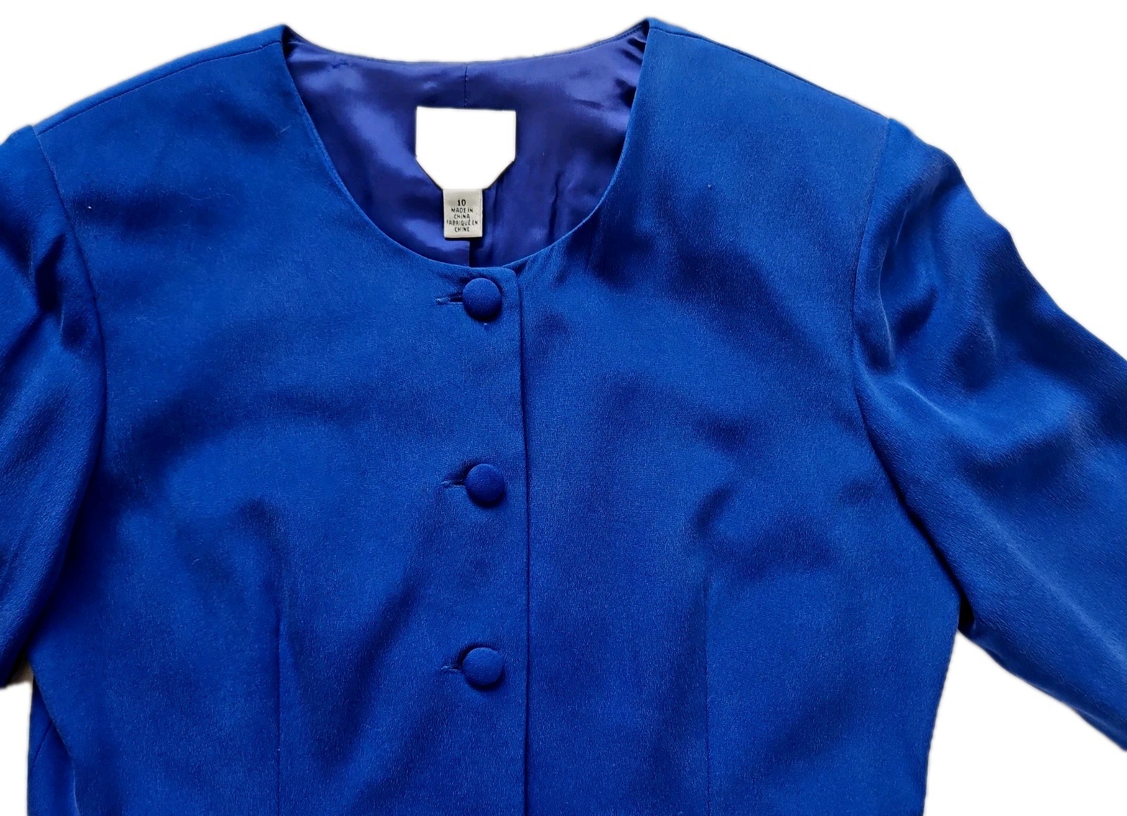 Talbots Petites Pure Silk Suit Jacket Career Cobalt Blue Covered Buttons Size 10