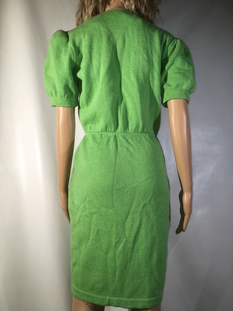 Vintage St. John by Marie Gray Knit Green Dress Puff Sleeves Size 8 1980s V-neck
