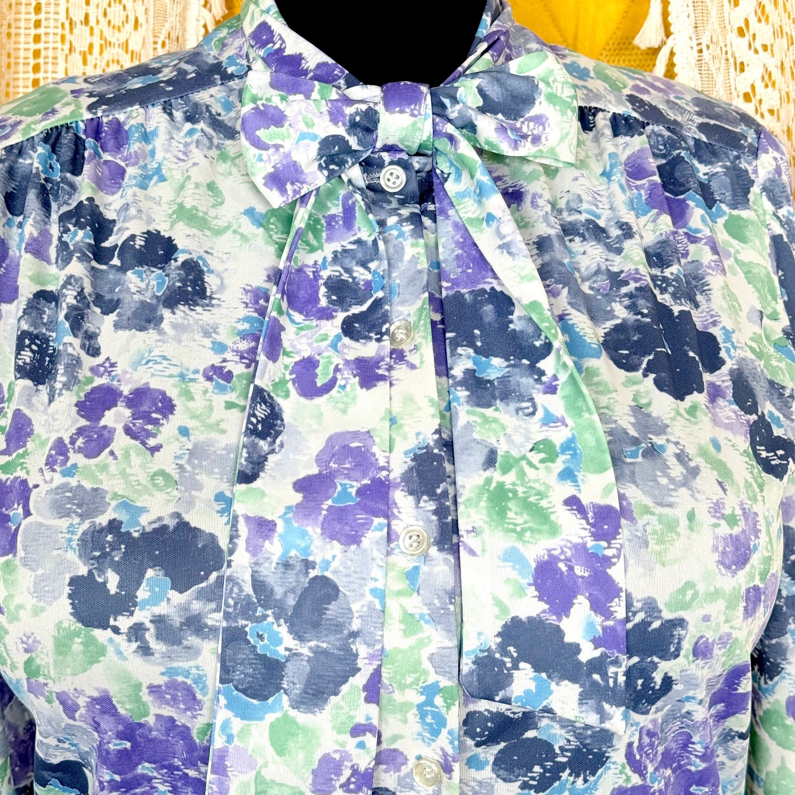 Vintage Secretary Necktie Purple Floral Blouse Size L