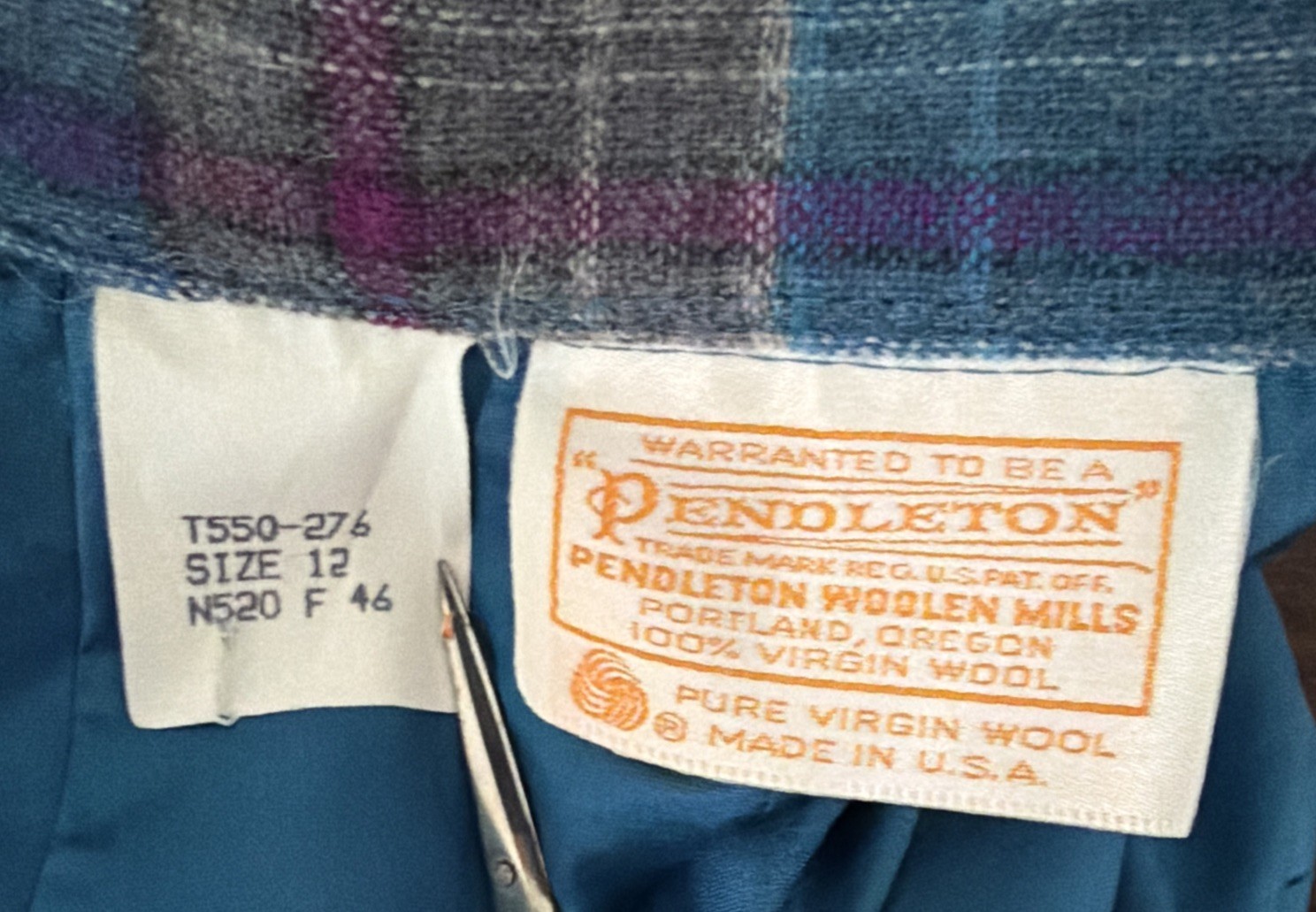 Vintage Pendleton Pleated Check Plaid Long Skirt Blue Purple Gray Pastel Sz 12