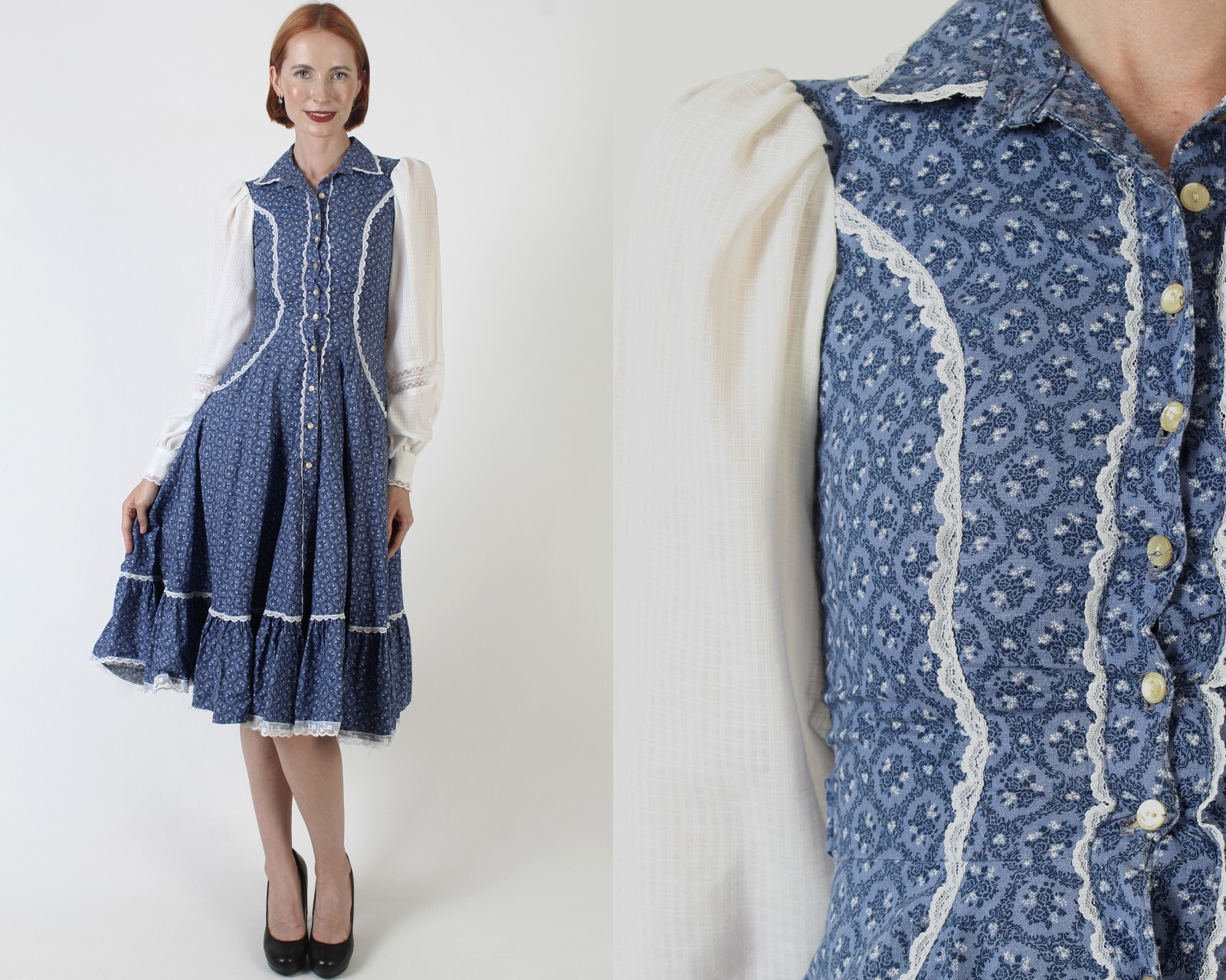 Vtg 70s Gunne Sax Cottagecore Dress Button Up Pockets Boho Wedding Wht Sleeve