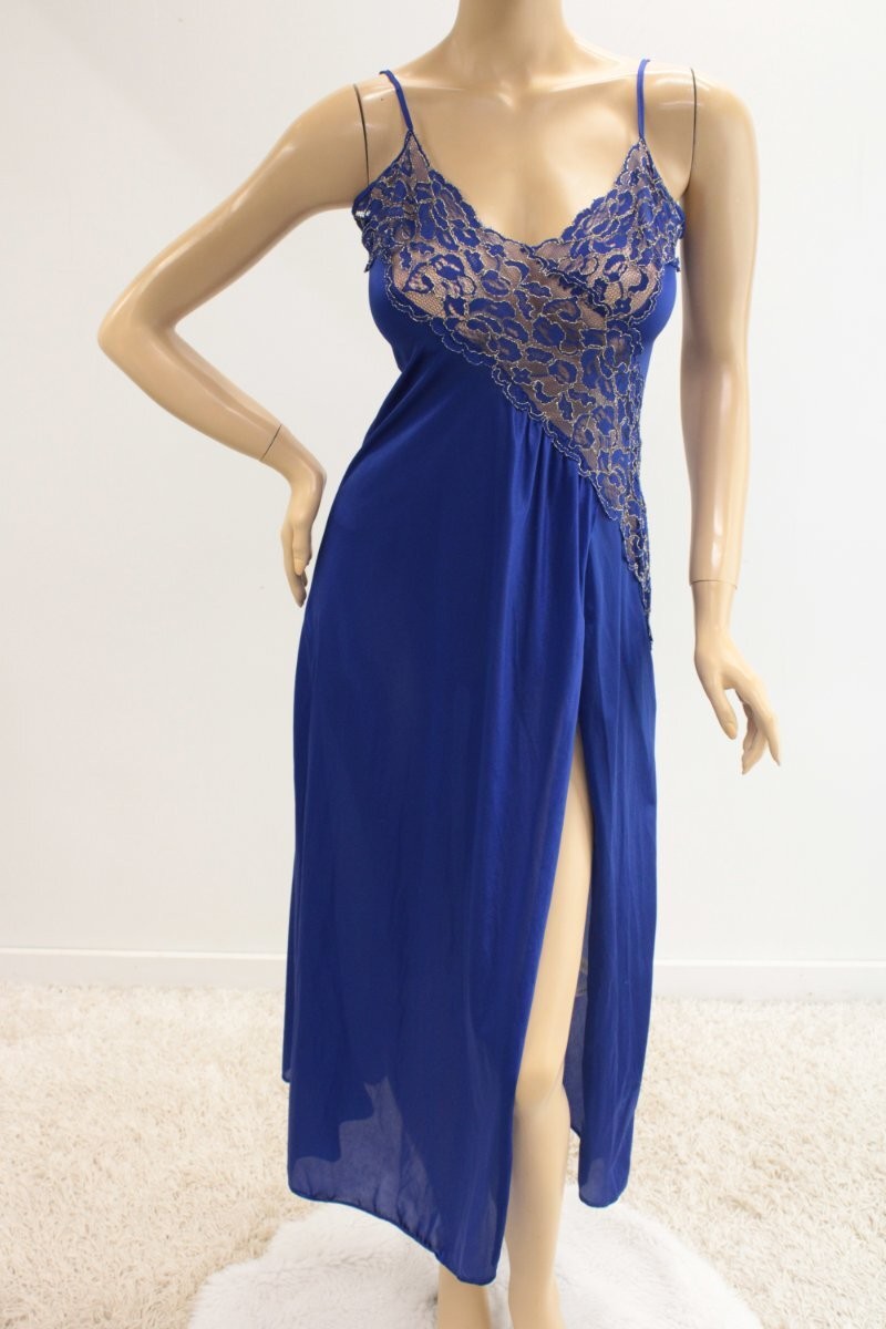 Vintage Long Nightgown Royal Blue Nylon Metallic Thread Lace High Slit Medum