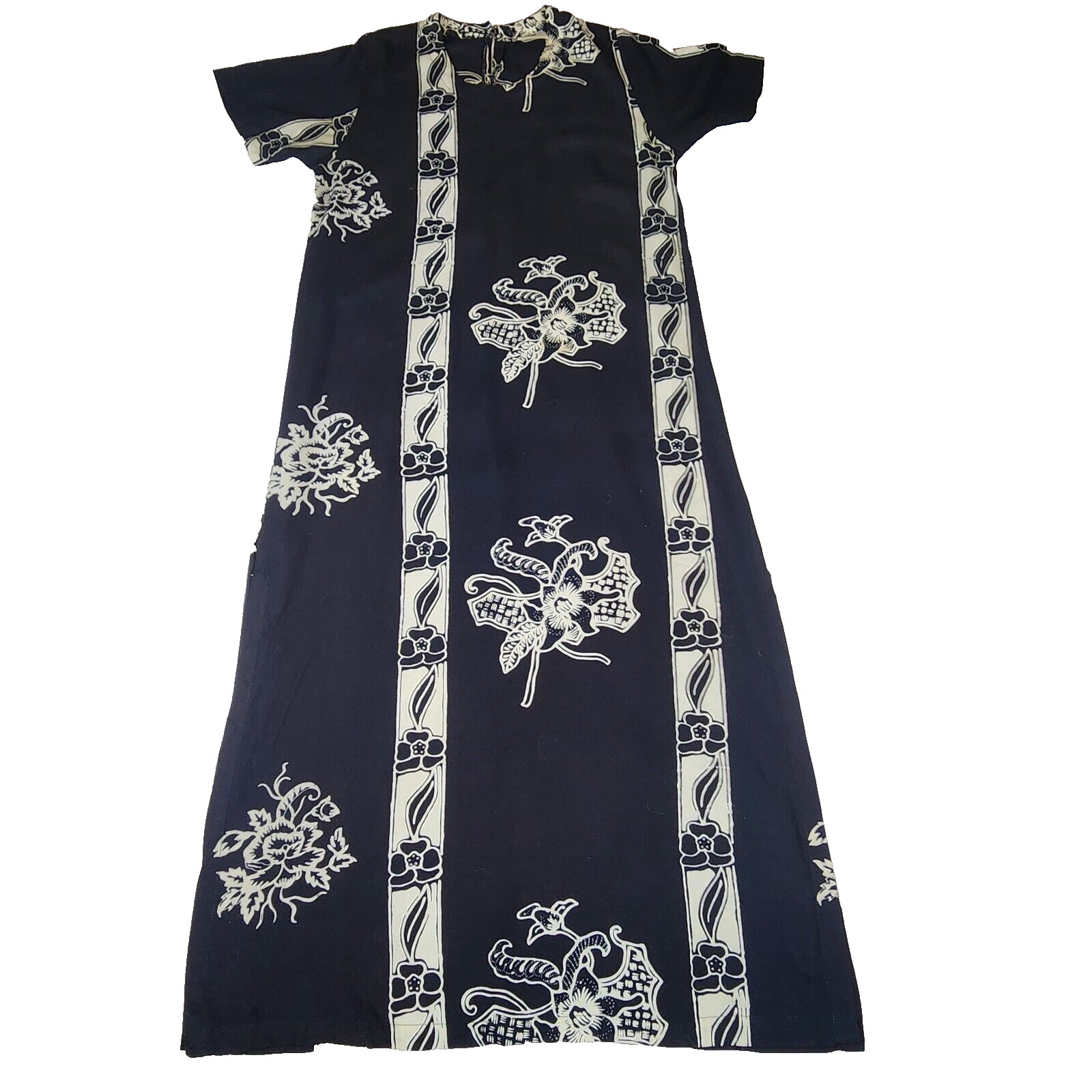 Vintage Hawaiian Hilo Hattie Dress S Black White Floral Long Sheath Side Slits