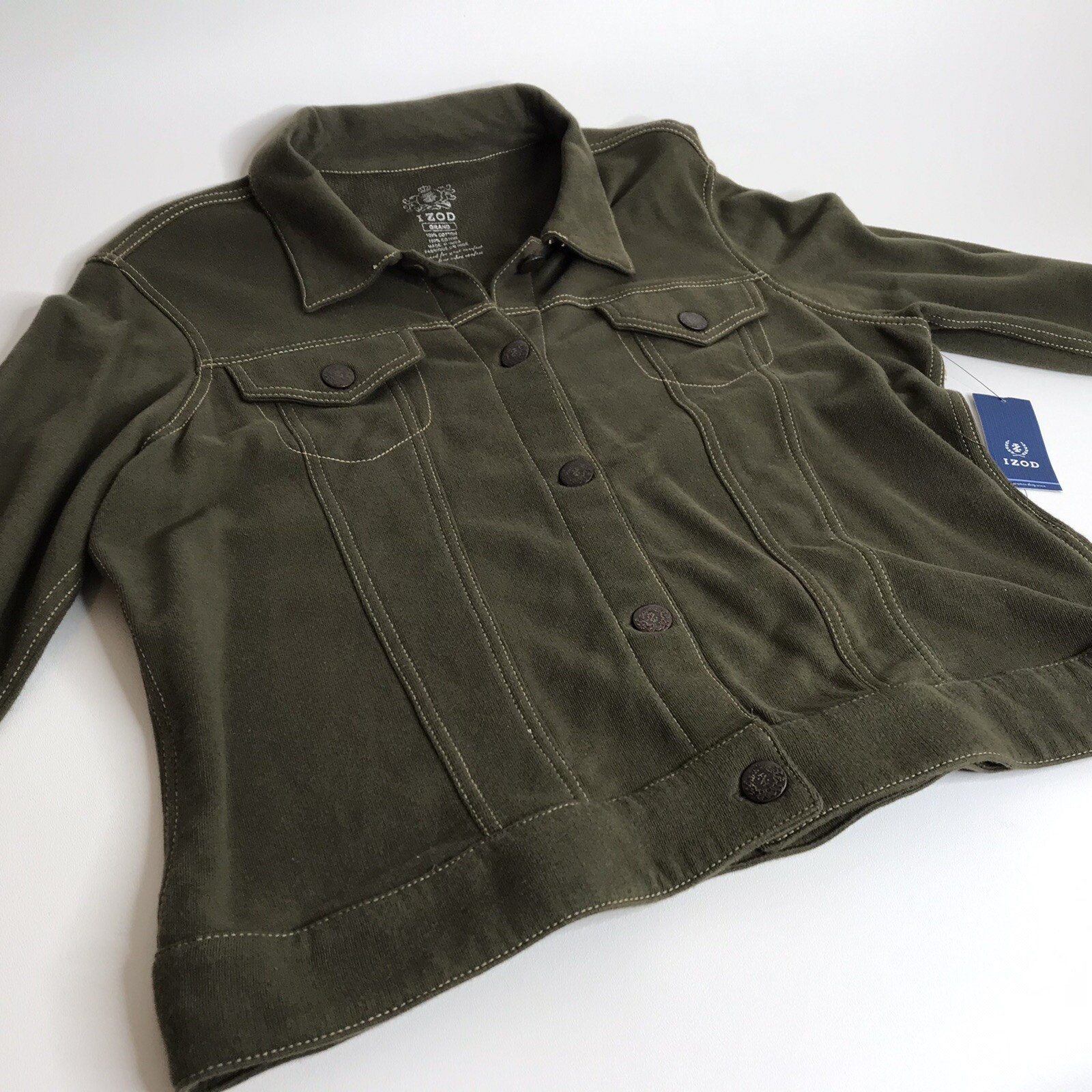 VINTAGE IZOD Womens L Jacket Khaki Green Button Jean Jacket Army Style NWT