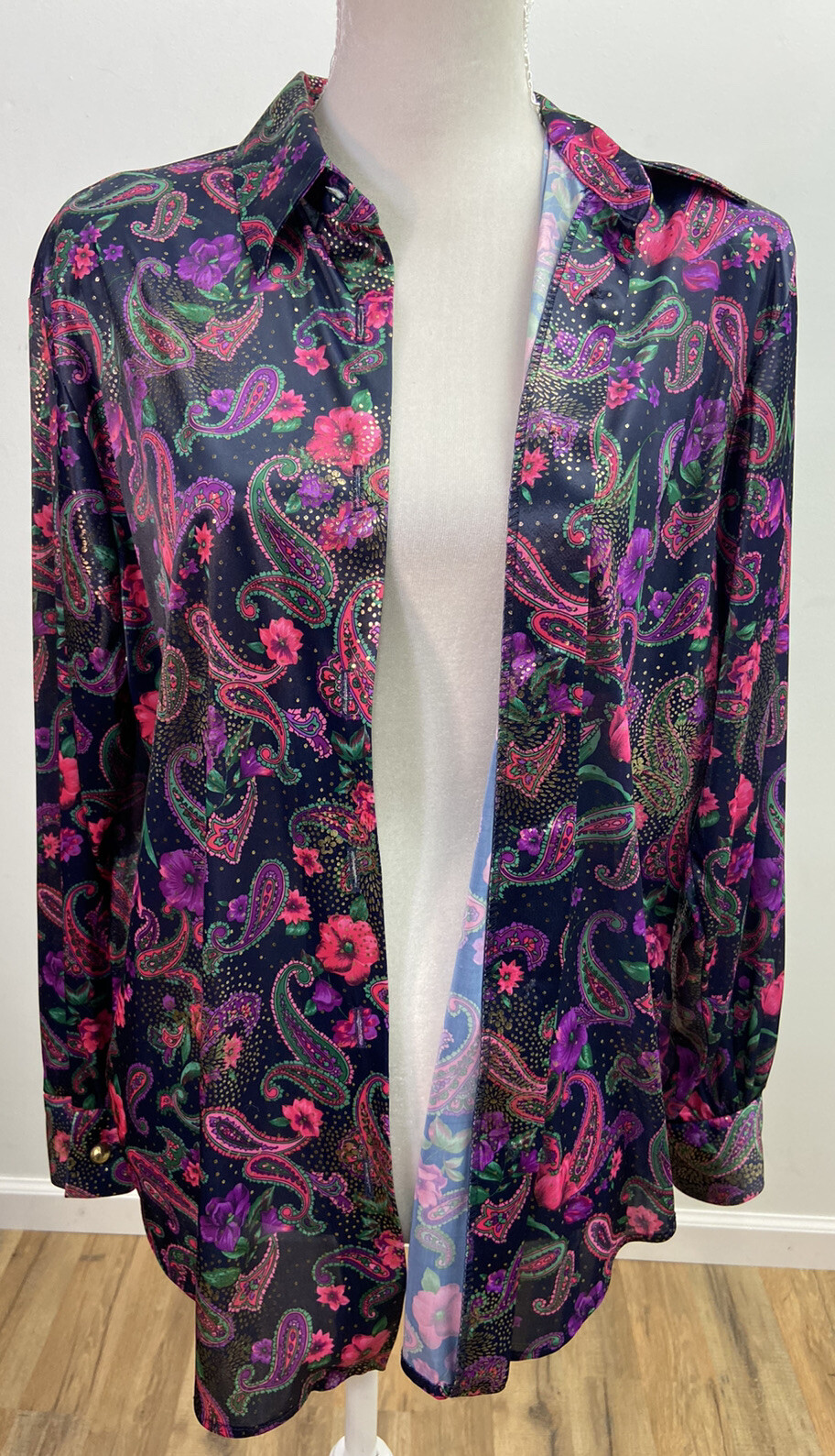 Vintage Silver Threads Multi-Color Floral Paisley Shiny Button Shirt Size Medium