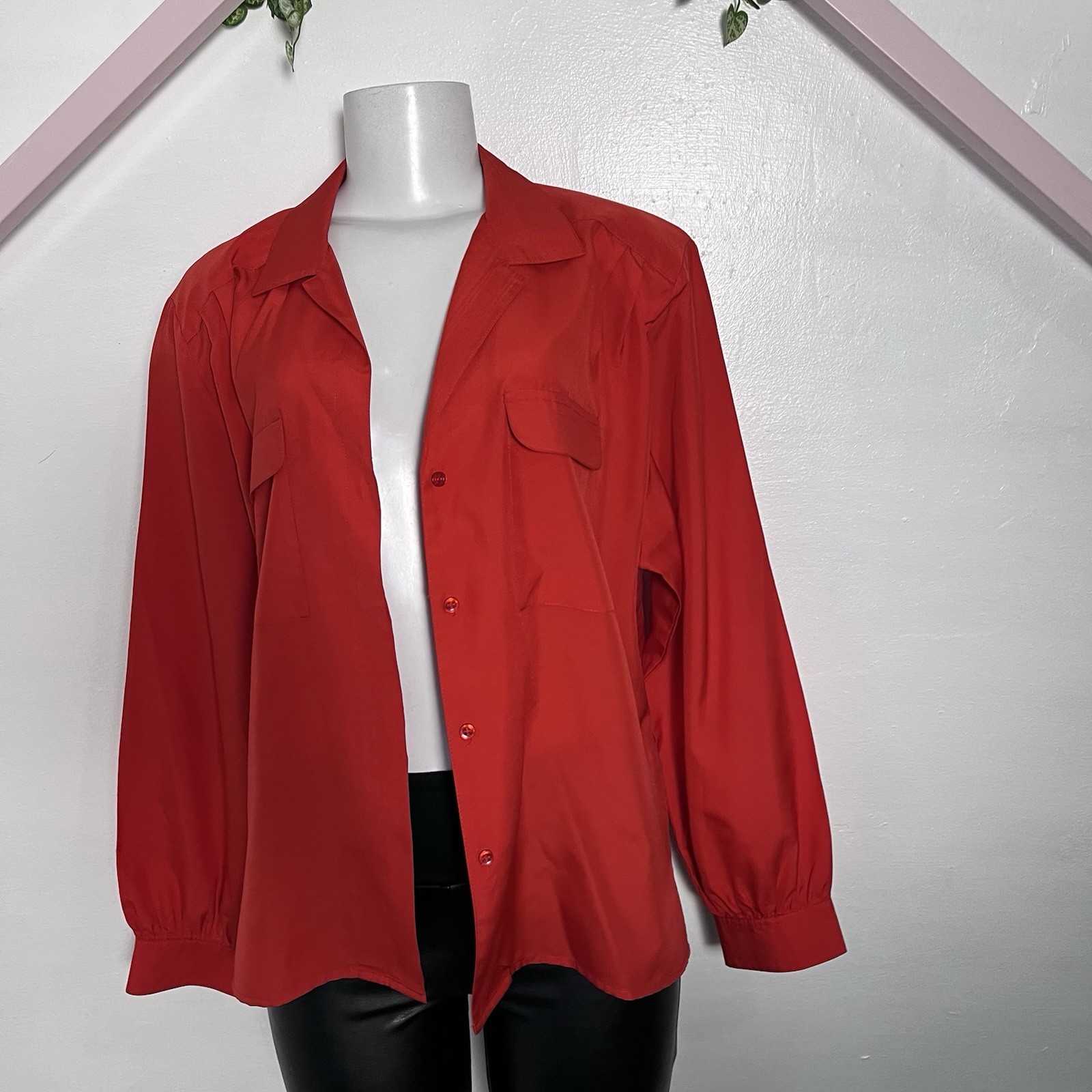 80s Vintage Button Up Top Red 1980s Dopamine Bright Preppy Shoulder Pads M L XL