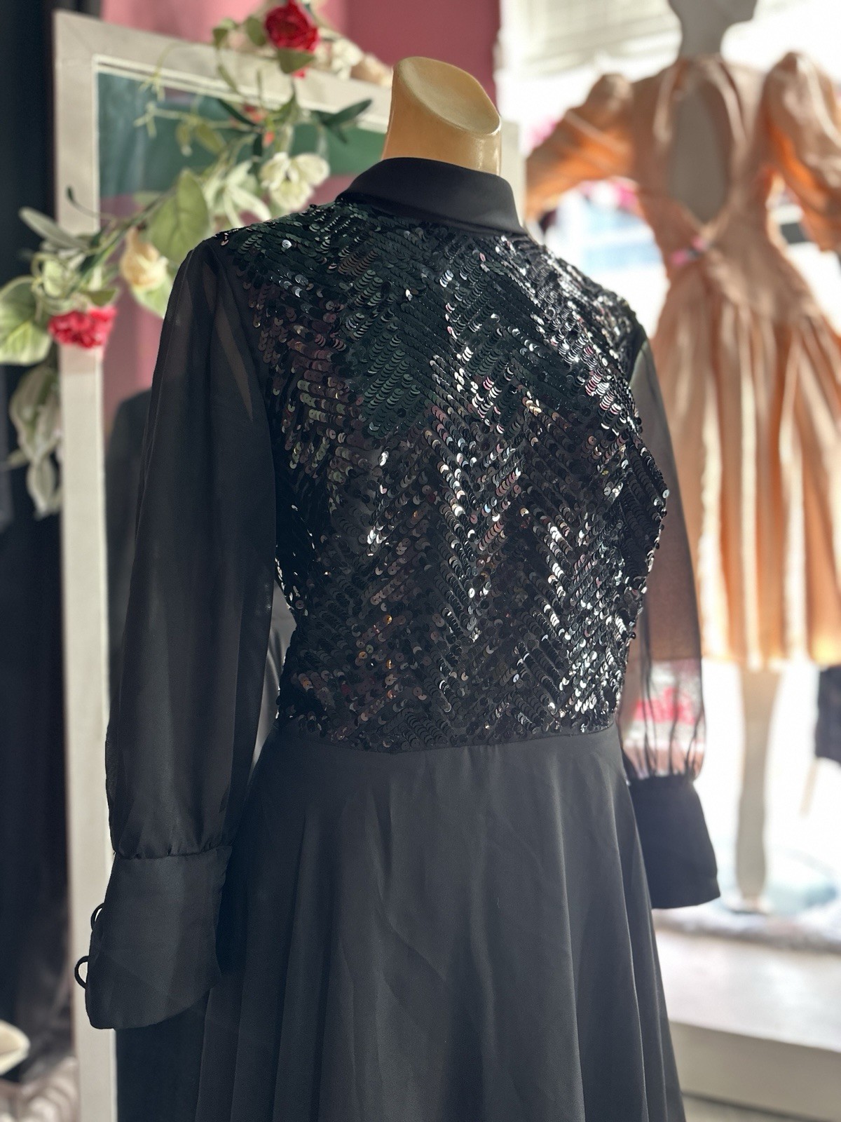 Vintage 60s 70s Formal Maxi Evening Hostess Dress Black Sequins Modest M/L