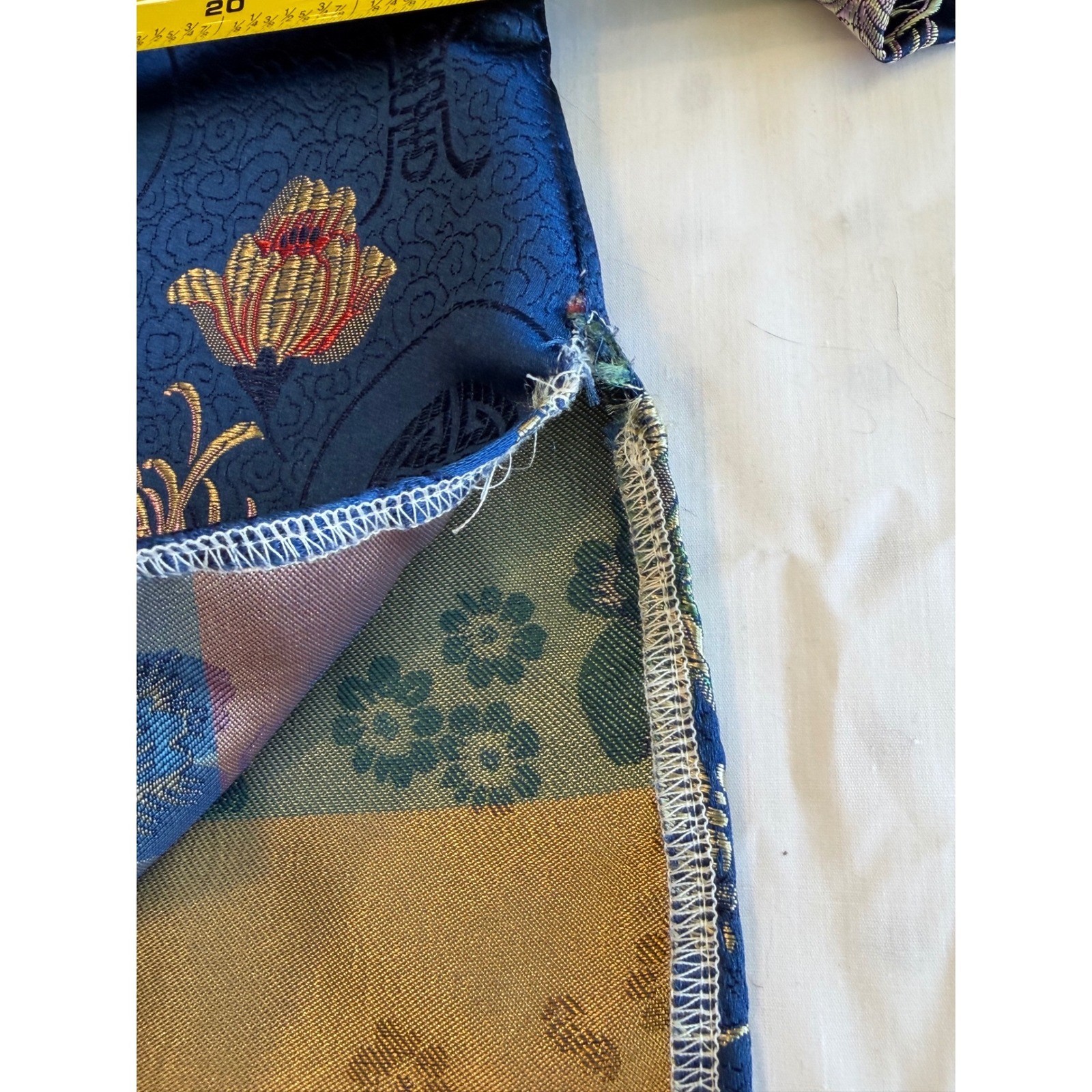 Vintage Blue Floral Satin Brocade Mandarin Collar Frog Closure Tunic Top L