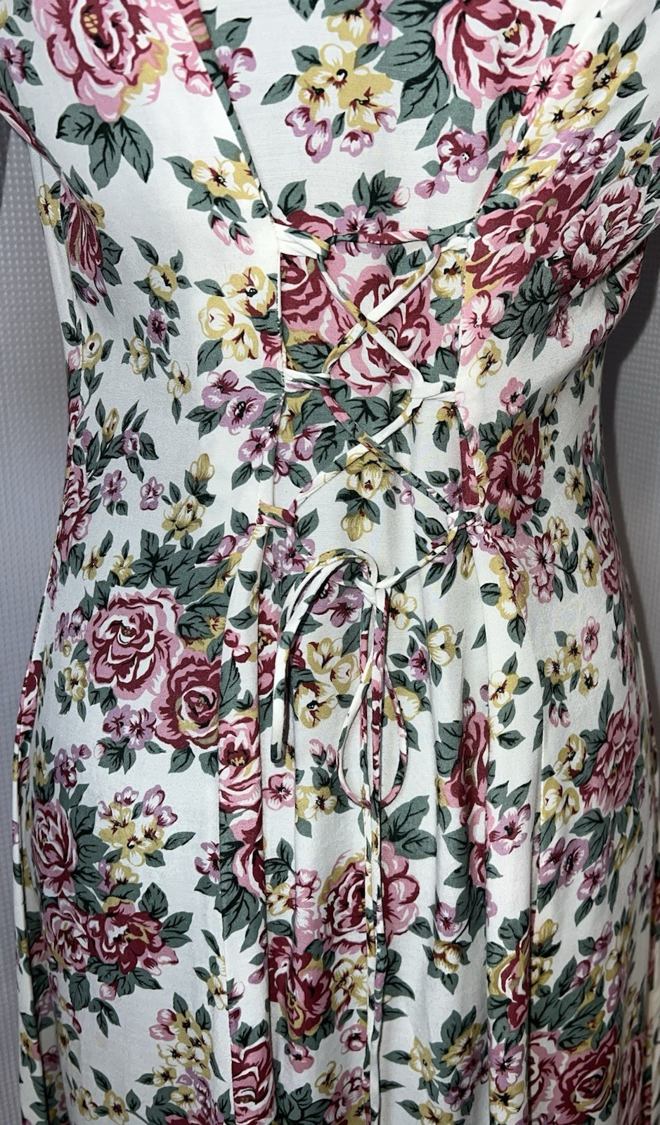 Betsy Lauren White Dress Size 7/8 Floral Back Tie Collared Button Front Maxi u96