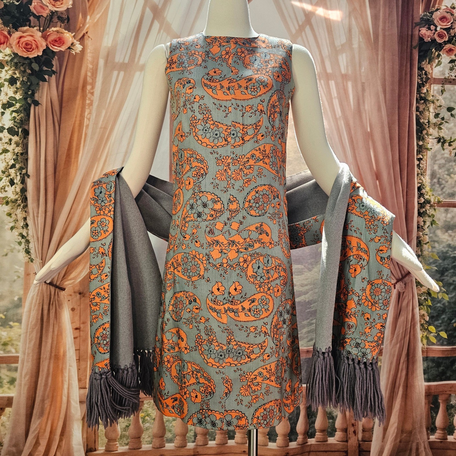 Vintage 1960s Paisley Dress Set Shift Top Blouse Fringed Shawl Grey Orange Mod