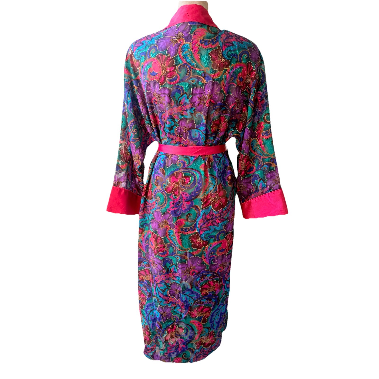 Vtg Victorias Secret Gold Label Paisley Long Robe Pink Satin Trim Fringe Glam S
