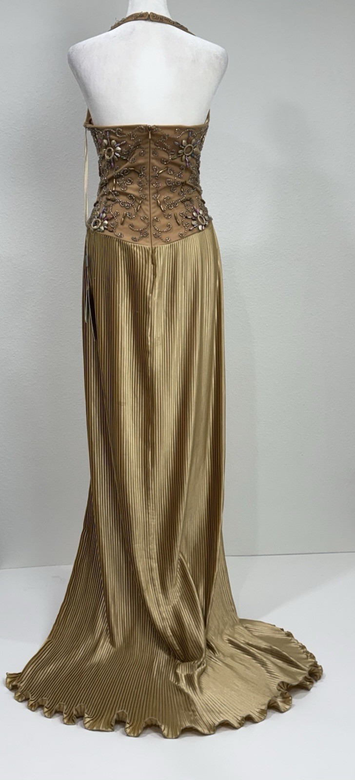 VTG Y2K Sherry Haute Couture Gold Beaded Pleated Gown Front Slit Designer