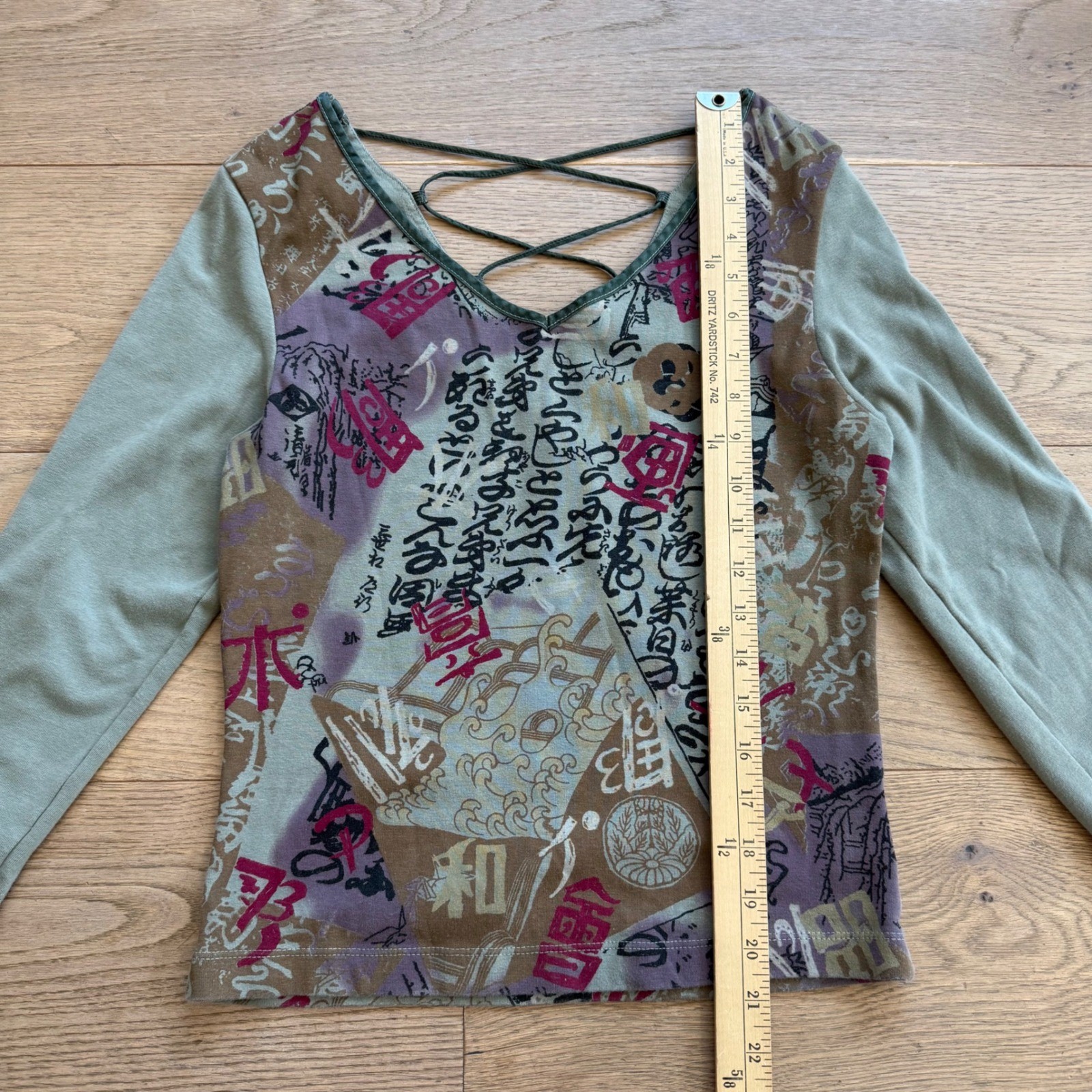 City Lights Vintage Graphic Lace Up Back Top Sage Green Large