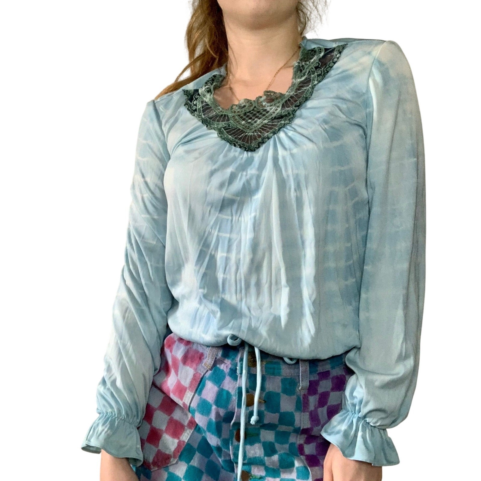 Hand Dyed Vintage Long Sleeve Blouse Blue Shibori Tie Dye Reworked 1980s