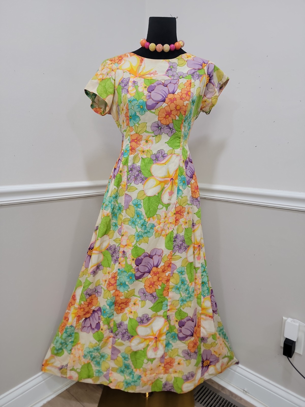 Vintage Made In Hawaii Psychedelic Floral Maxi Dress Tropical Boho Hippie