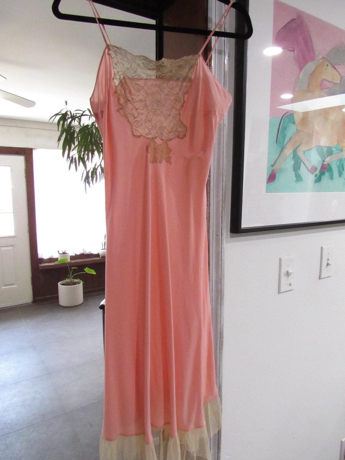 VTG PiNK Chantilly LACE COUTURE 30s 40s Silk Slip Dress night gown Lingerie S M
