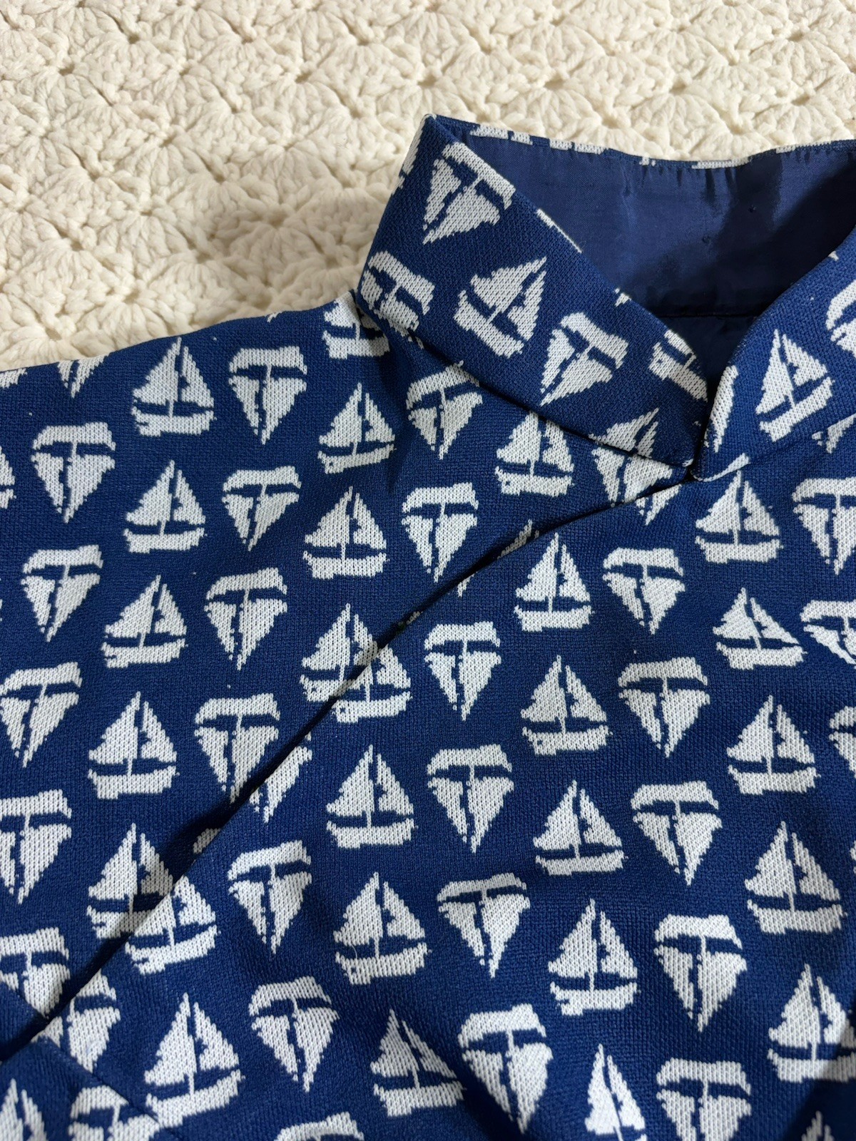 Vintage 70s Handmade Double Knit Polyester Nautical Print Dress Women’s Small