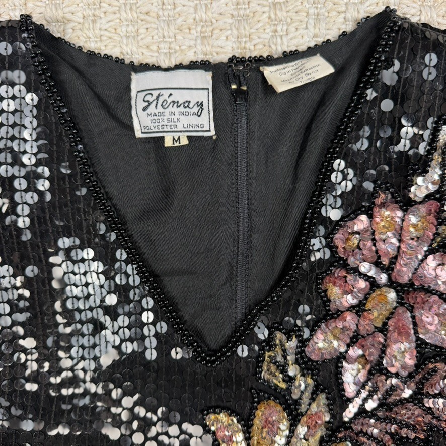 VTG Stenay Women Silk Sequin Top M Black Floral Beaded Party Glam