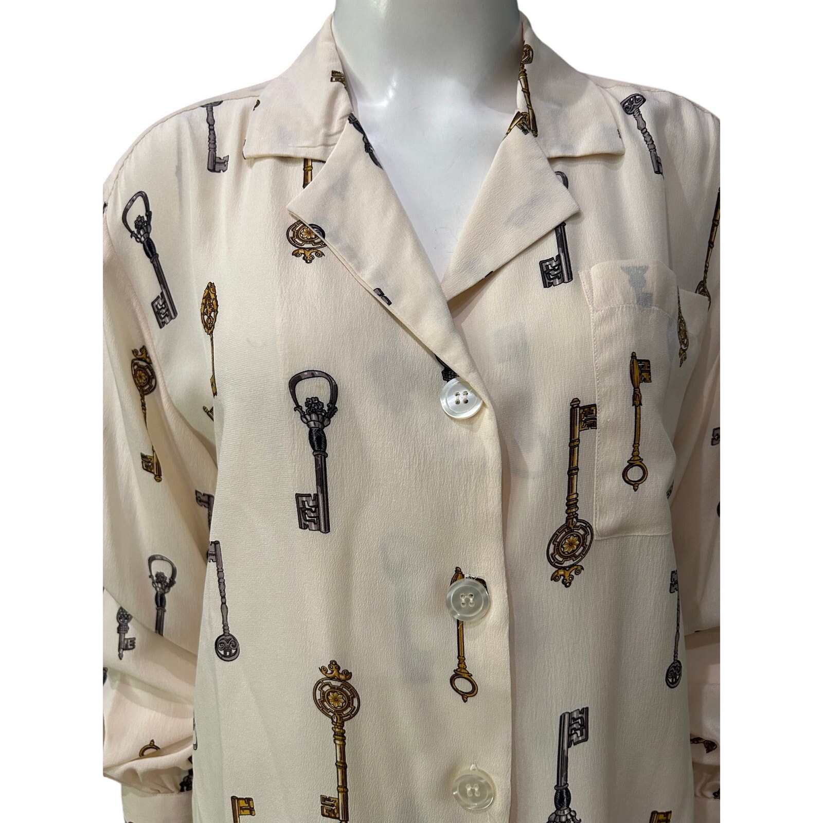 Vintage Silk Key Print Cropped Blouse Novelty Shirt Quiet Luxury top M ^