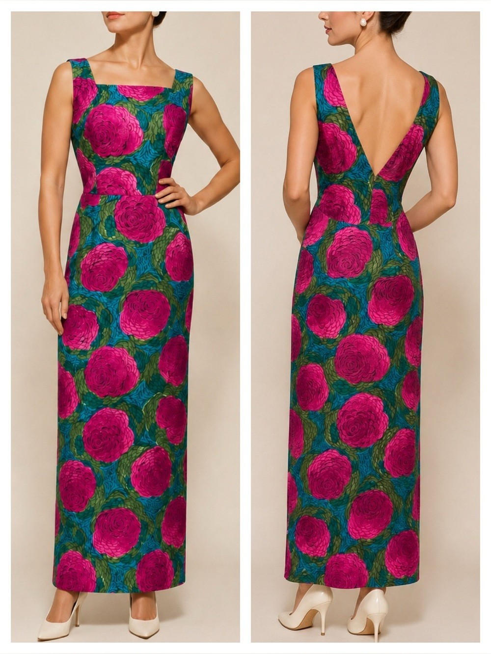 True Vintage 1950s 1960s Graphic Floral Square Neck Low Back Wiggle Maxi Dress
