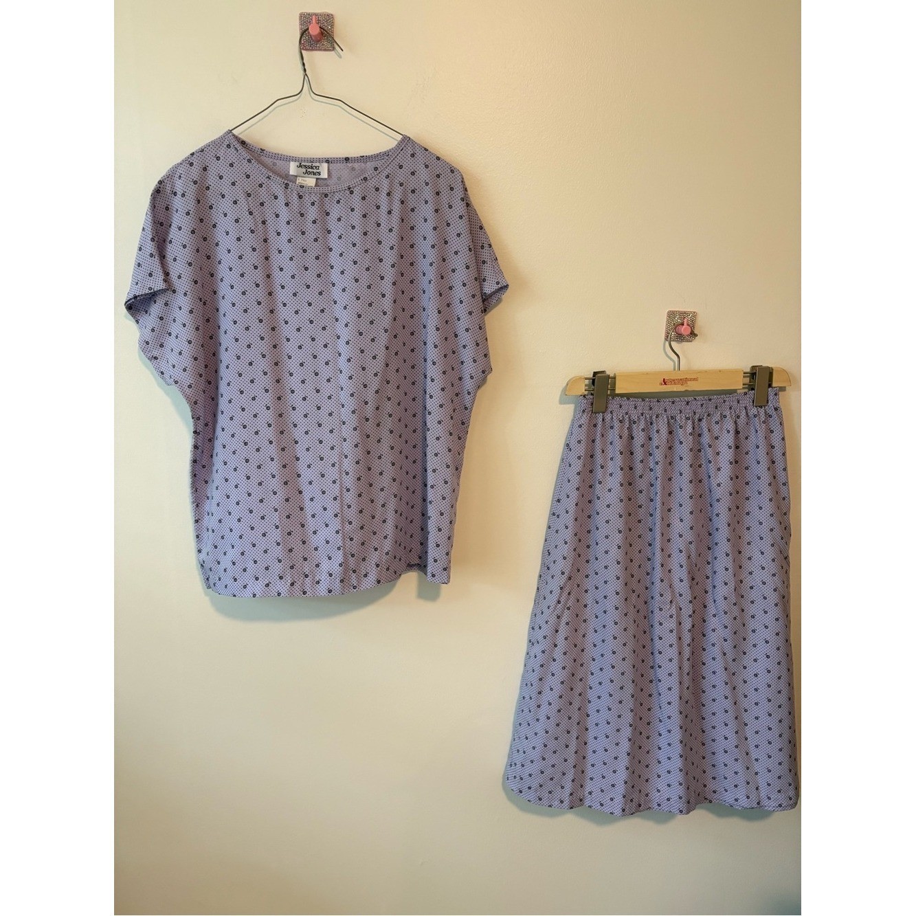 Vintage Jessica Jones Lavender Polka Dot Top & Skirt Set – Medium