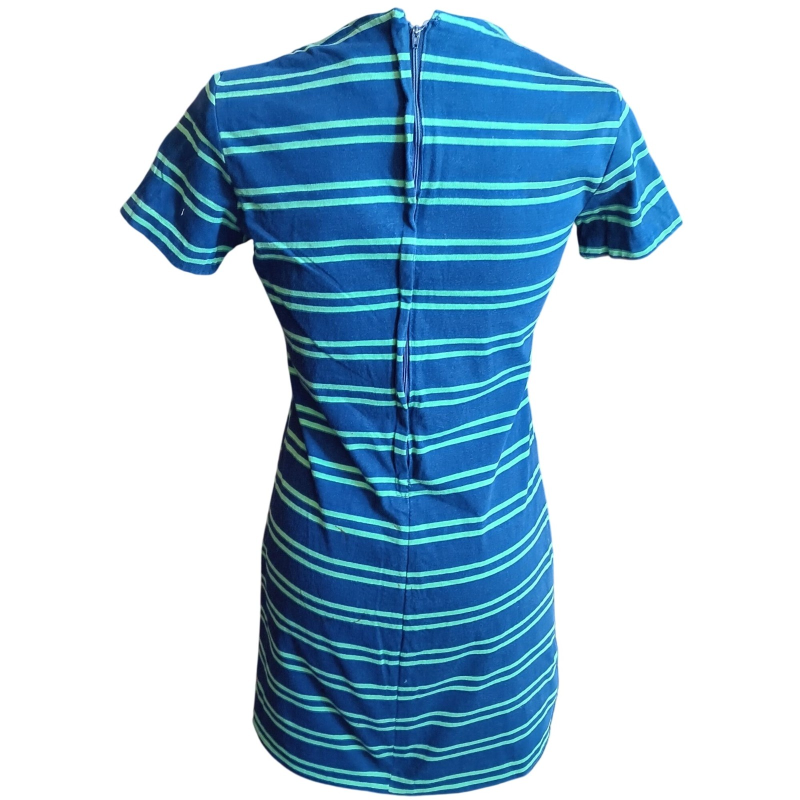 True Vintage Shirt Dress 60’s Medium Blue Green Striped Back Zipper Sock Hop