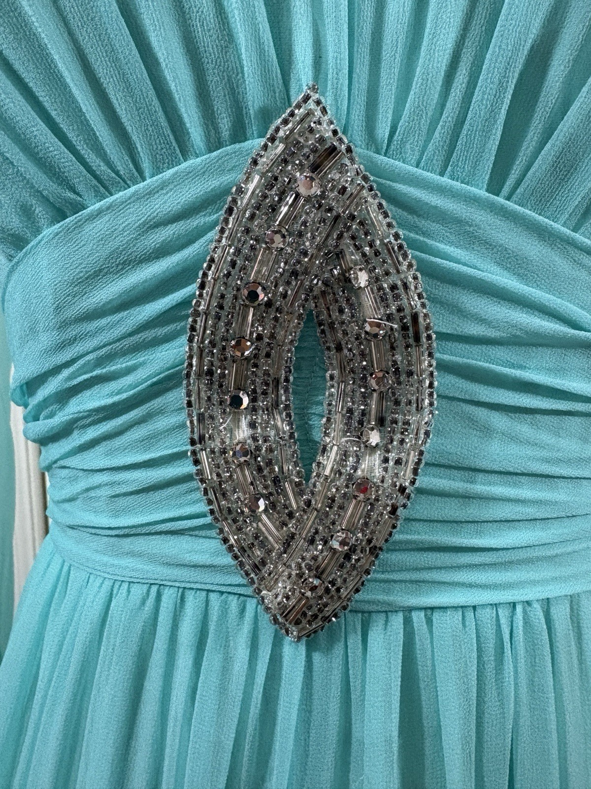 Vtg 70s Teal Blue Chiffon Maxi Dress Beaded Emblishment Sheer Sleeves 26” W