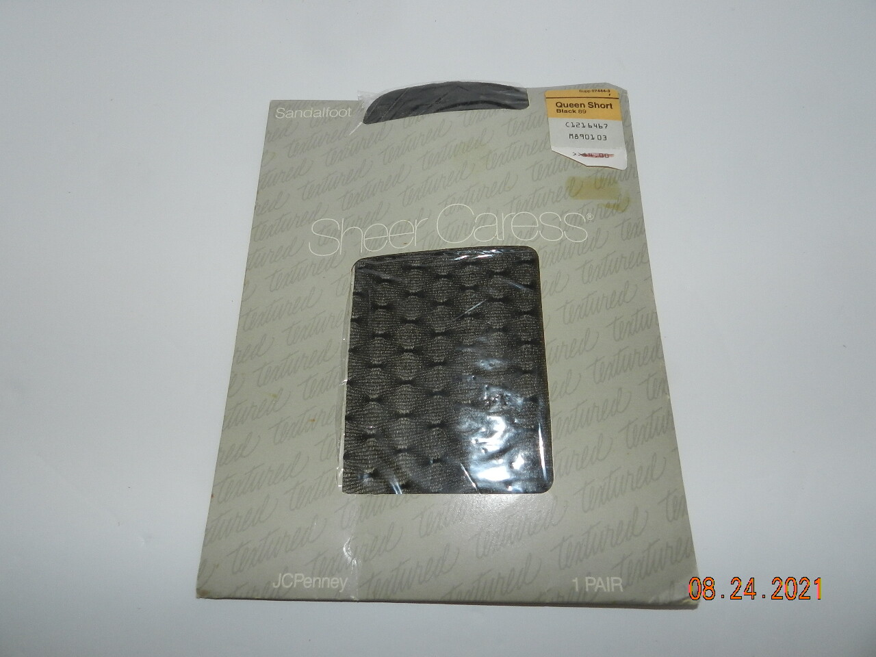Vtg JC Penny Pantyhose Sheer Caress black Queen short Textured Dots Sandalfoot