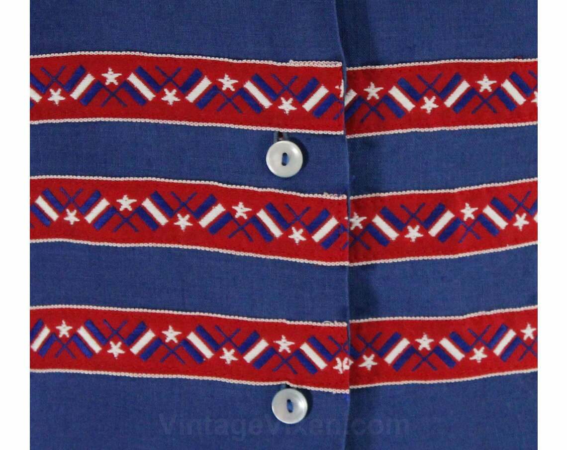 Size 6 McMullen Blouse 1950s Blue Linen Tailored Top Red Nautical Flags Shirt