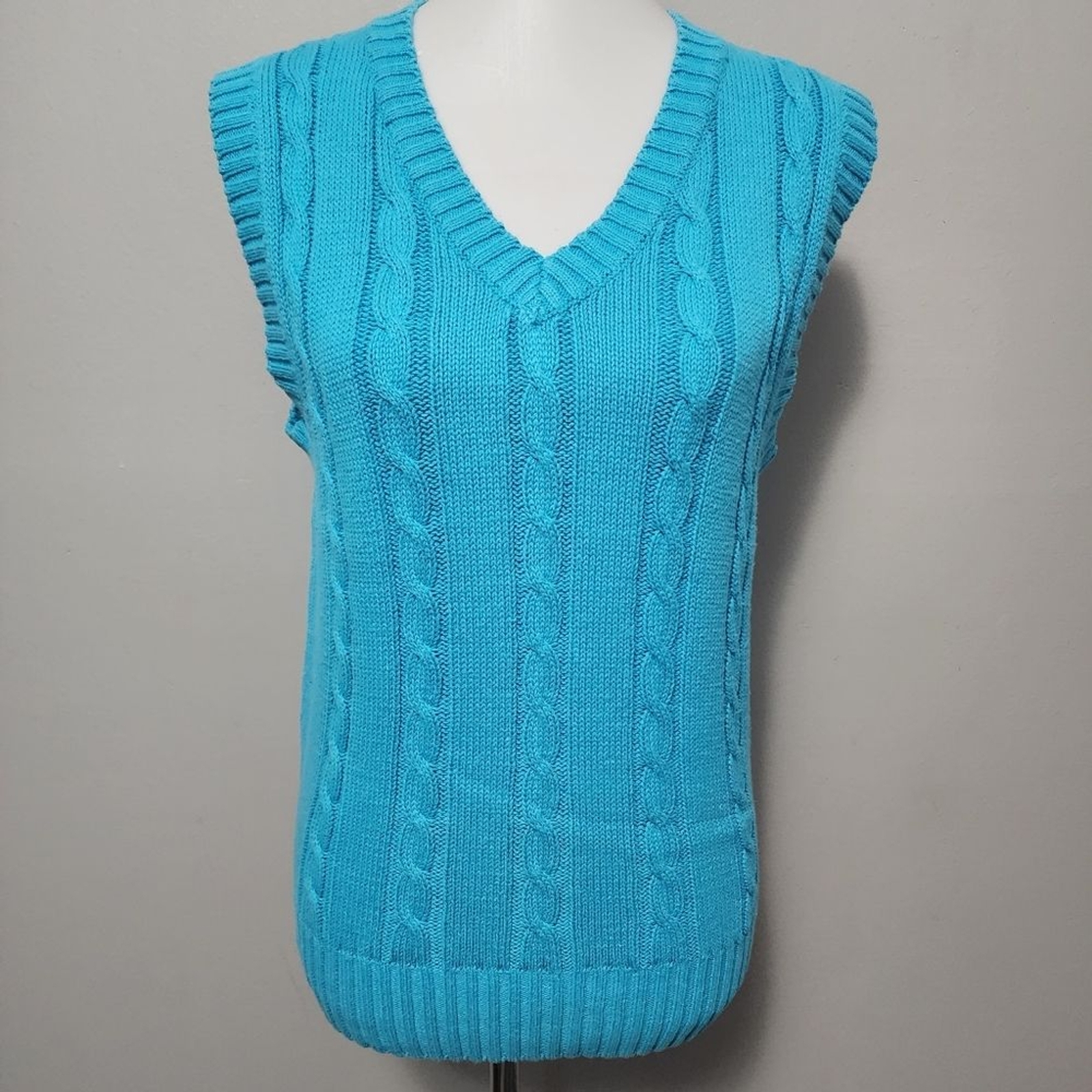 Vintage Justin Trent Turquoise Cable Knit Vneck Sweater Vest Size Small