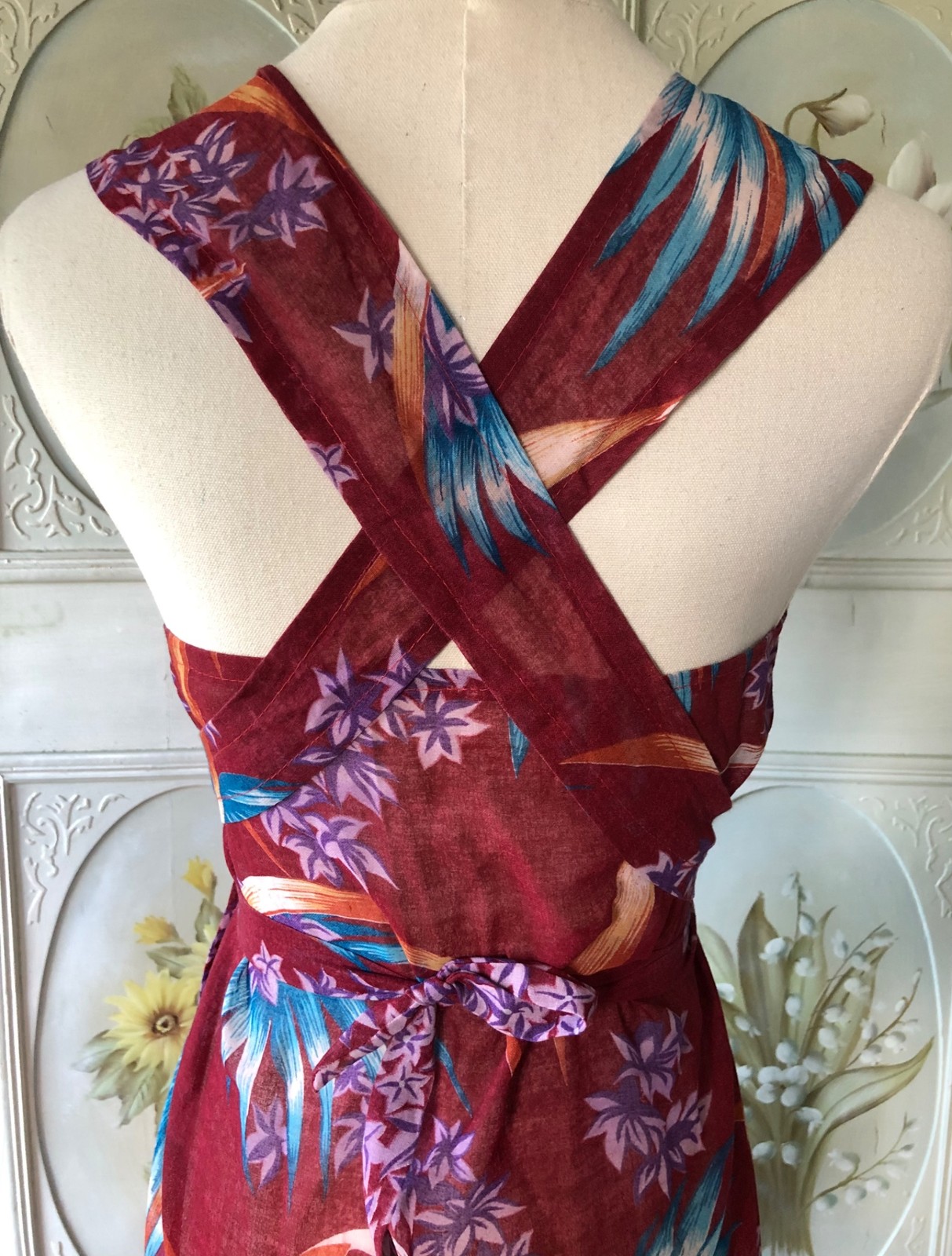 VTG COTTON VOILE SHEER MAROON RED ALOHA SARONG WRAP DRESS BEACH COVER UP FLORAL