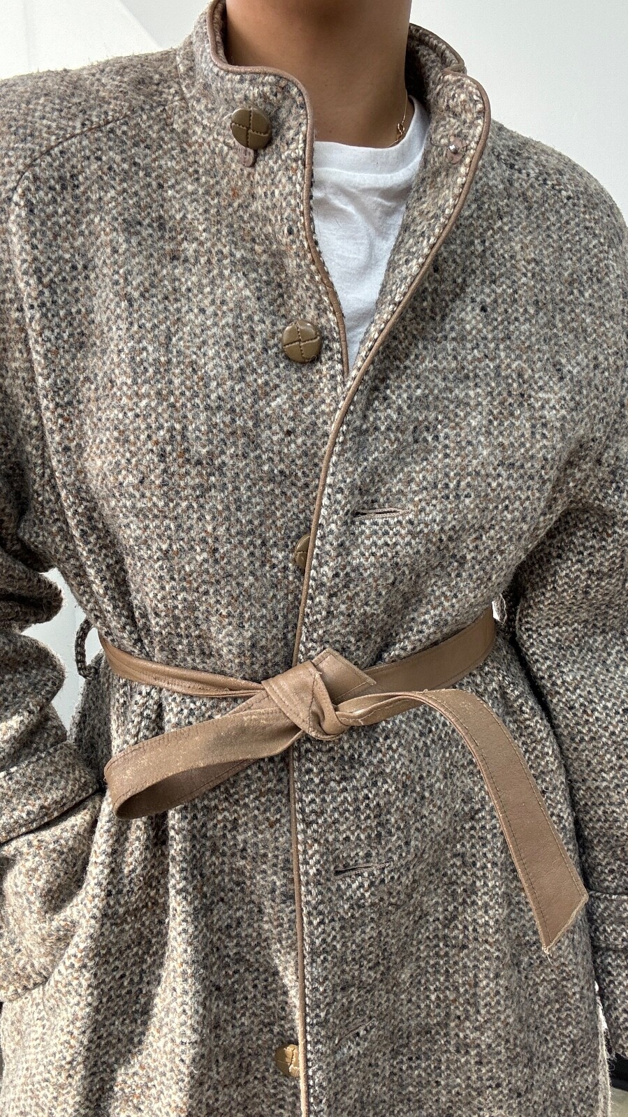 VTG 70s/80s Wool Blend Tweed Full Length Coat with Matching Scarf Set: Size M