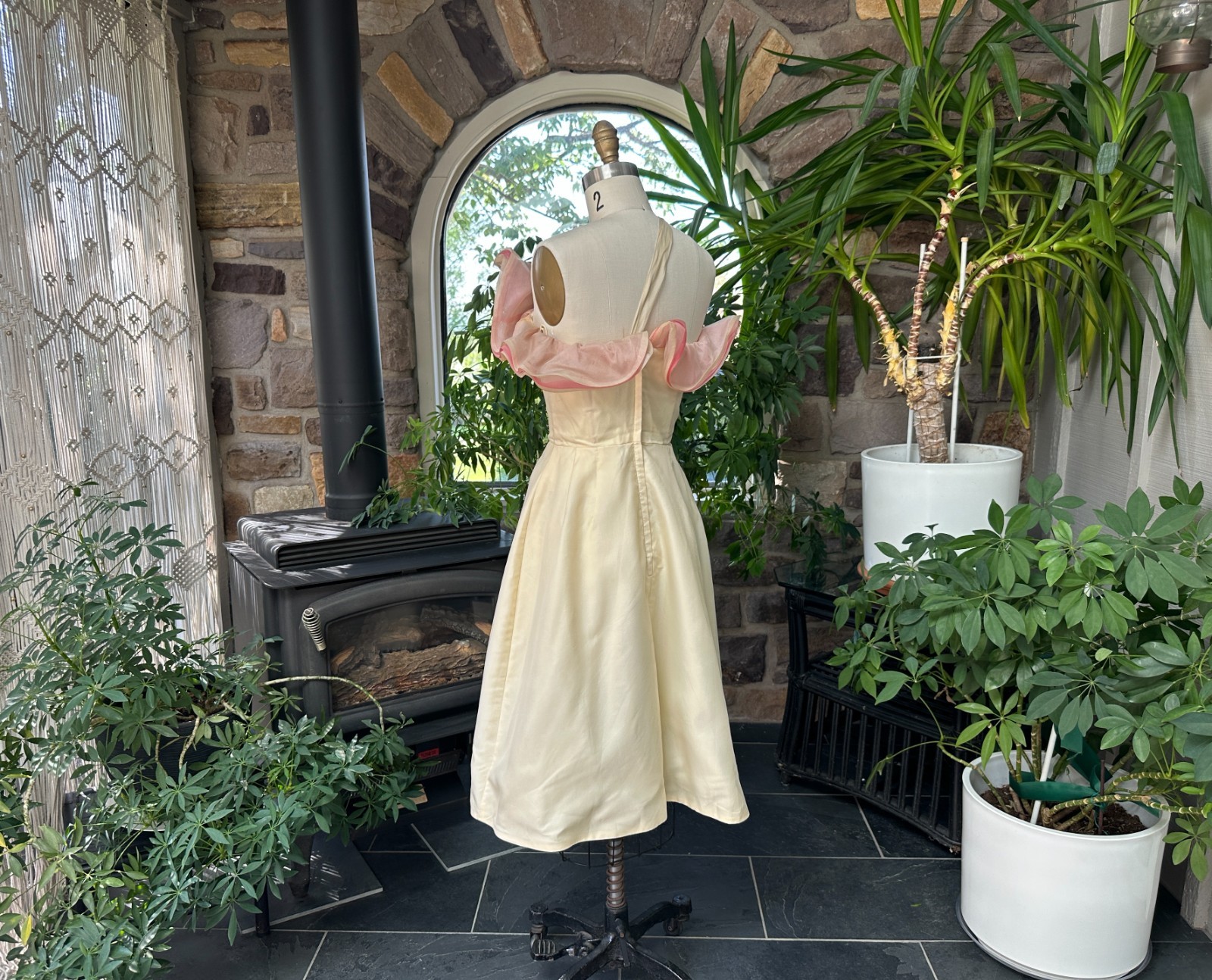Vintage 1950s Ivory and Pink Silk Organza Off Shoulder Formal Dress Wounded Bird