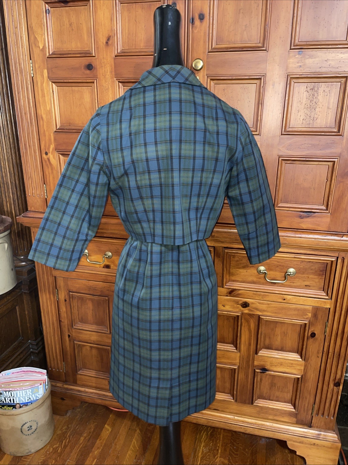Vintage 60s Nelly Don Dress Jacket 2 Piece Set Blue Green Tartan Plaid Jacki ‘O