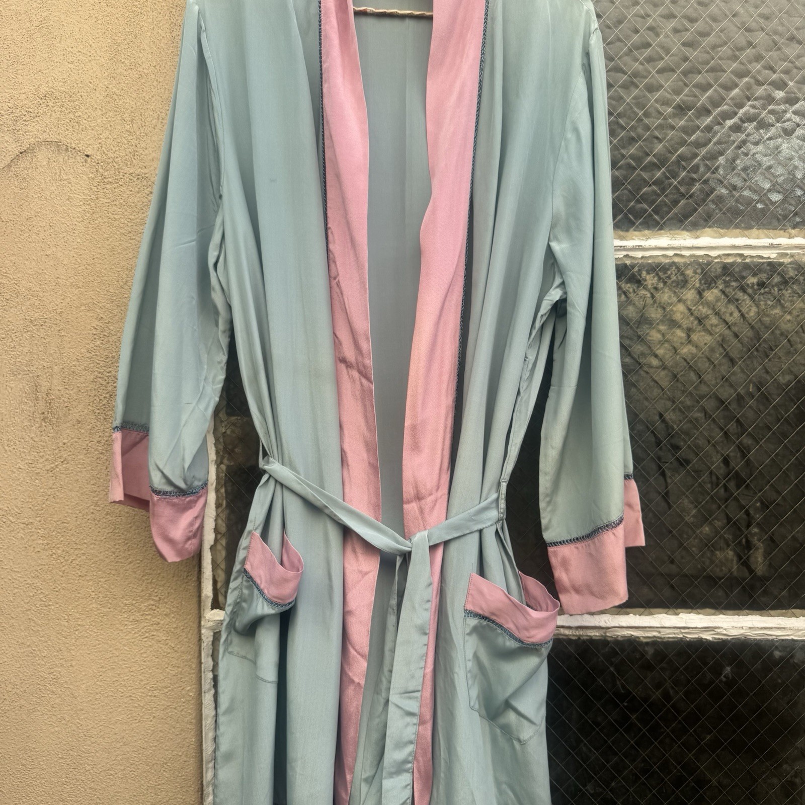 Antique 1920s Cotton Candy Blue & Pink Silk Robe Dress Coat Lounge Vintage