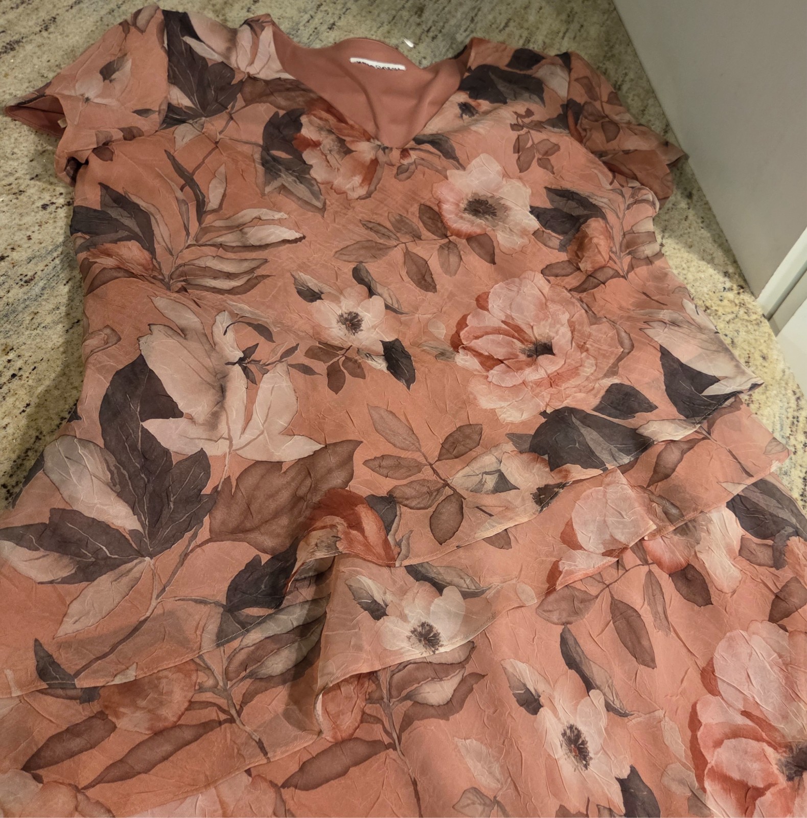 VTG Miss Dorby Floral Midi Dress Sz 8 Peach Layered Tiered Romantic Short Sleeve